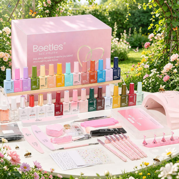 Beetles Gel Nail Starter Kit Sunday Garden HEMA-FREE Summer Nails 64Pcs 25 Colors Pink Nude Blue Nail Art All-in-One Mani Kit