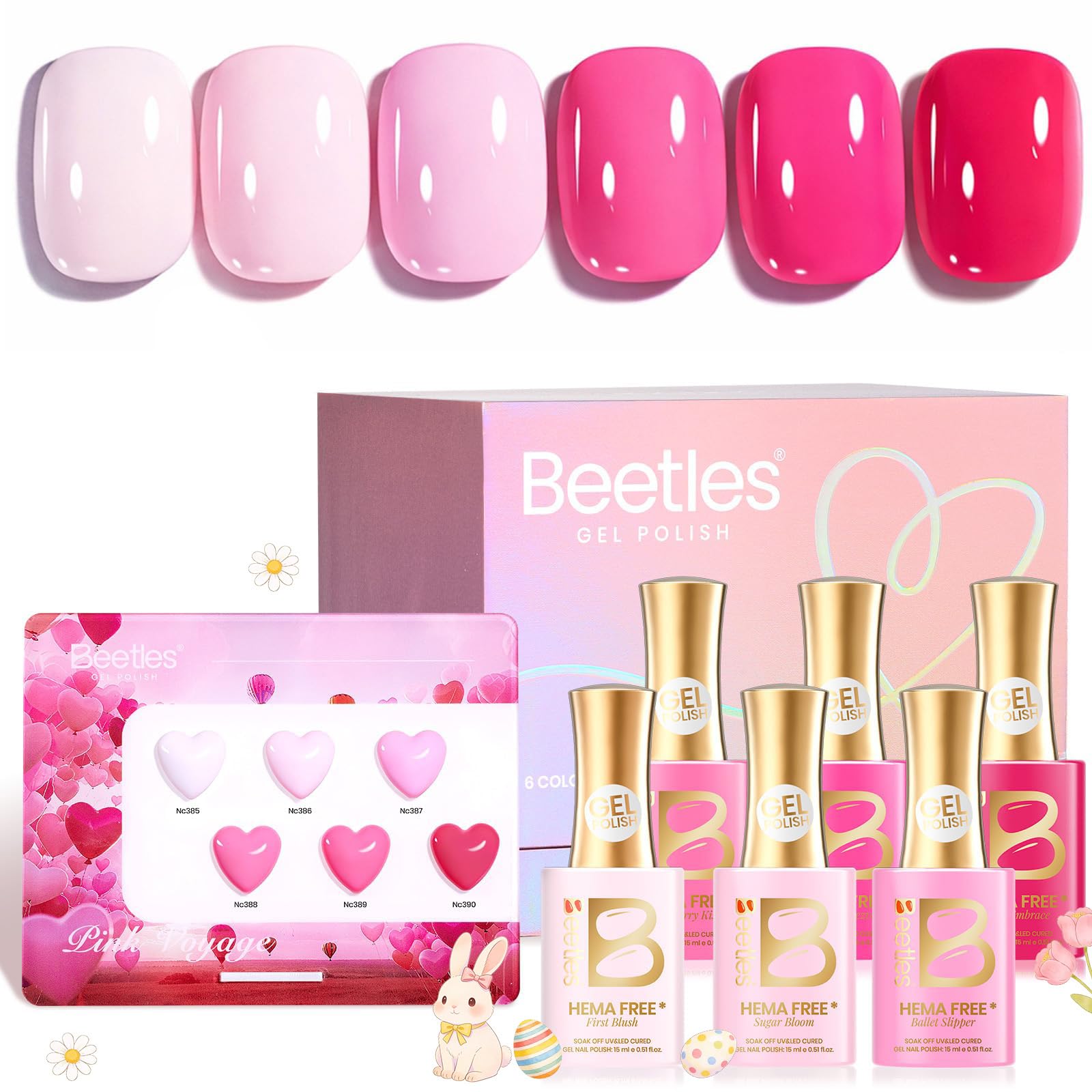 Beetles Pink Gel Polish Set - Spring Nails Pinks Escape 15ML, 6 Colors Hema Free Pink Gel Nail Polish Set