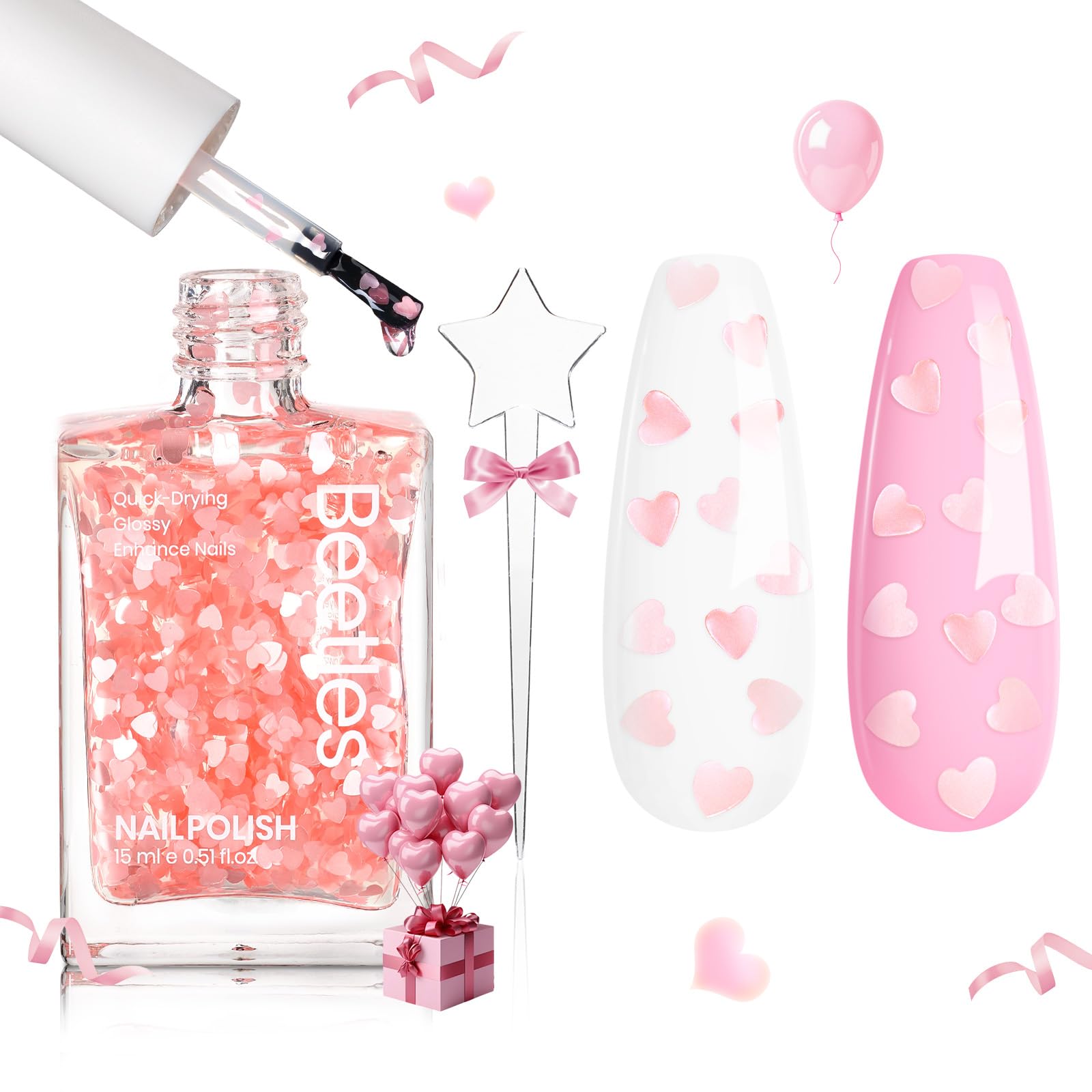 Beetles Valentines Nails Polish - 15ml/0.51Fl Oz Pink Heart Sweetheart Glow Glitter Top Coat