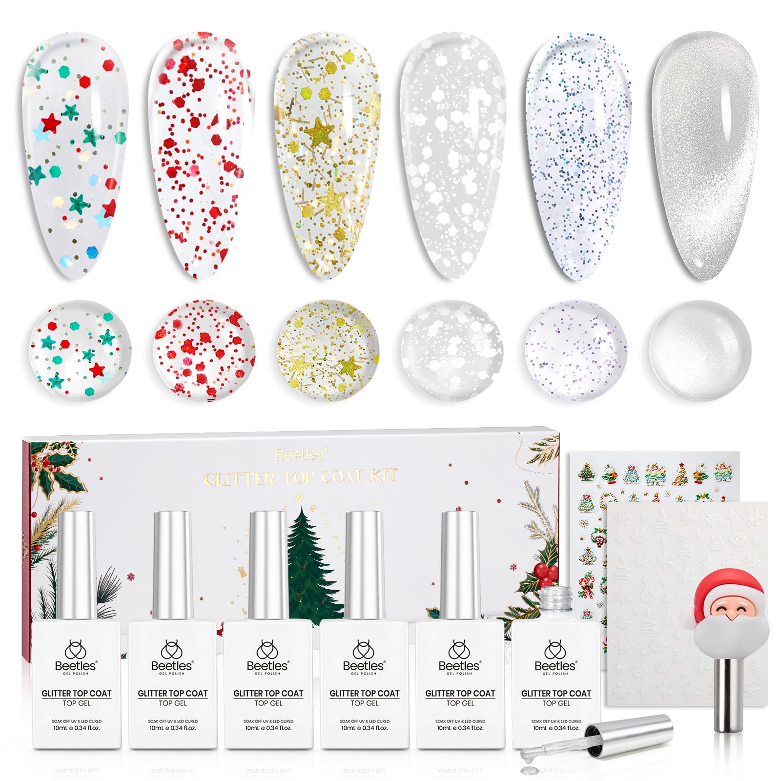 Beetles Christmas Limited Gel Top Coat Set - 6Pcs 10ml Winter Sparkle Glitter Cat Eye Top Coat Gel Nail Polish