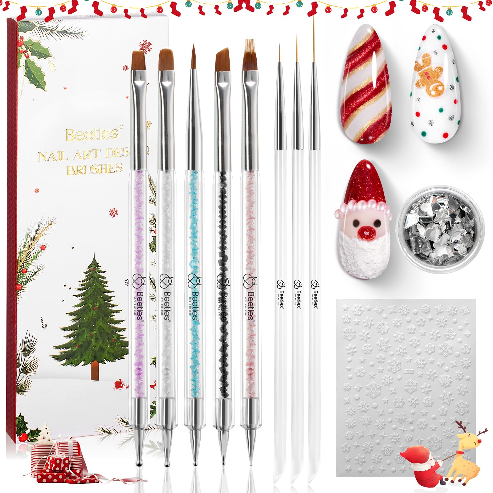Beetles Christmas Nail Art Brushes 8pcs – Crystal Christmas Nail Art Tools