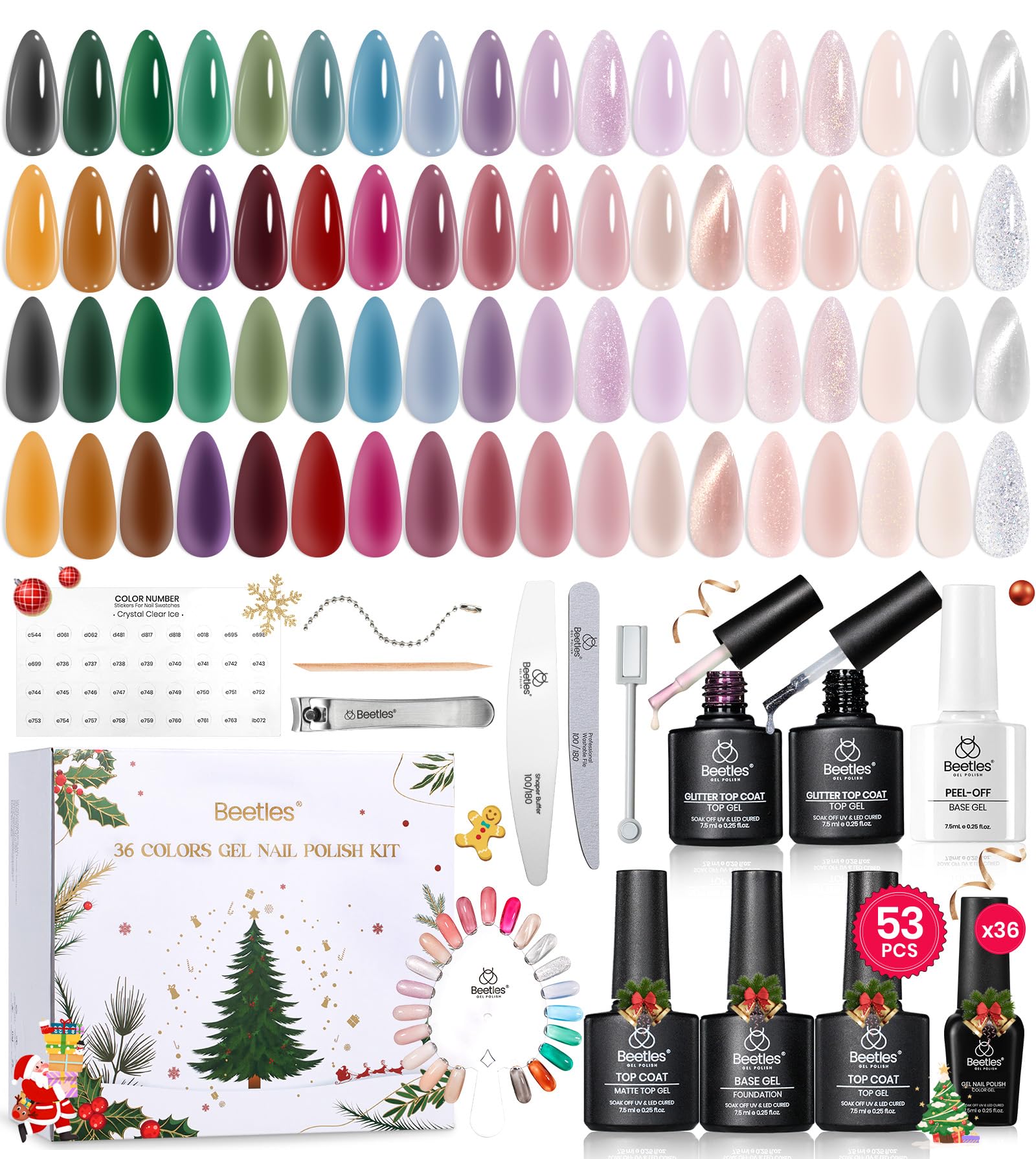 Beetles Gel Polish Frostglaze Veil - 53PCS 36 Colors Christmas Gel Nail Kit