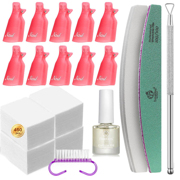 Gel Polish Remover Kit: 450 Lint Free Nail Wipes, 10 Remover Clips, Cuticle Oil, Pusher, Nail File