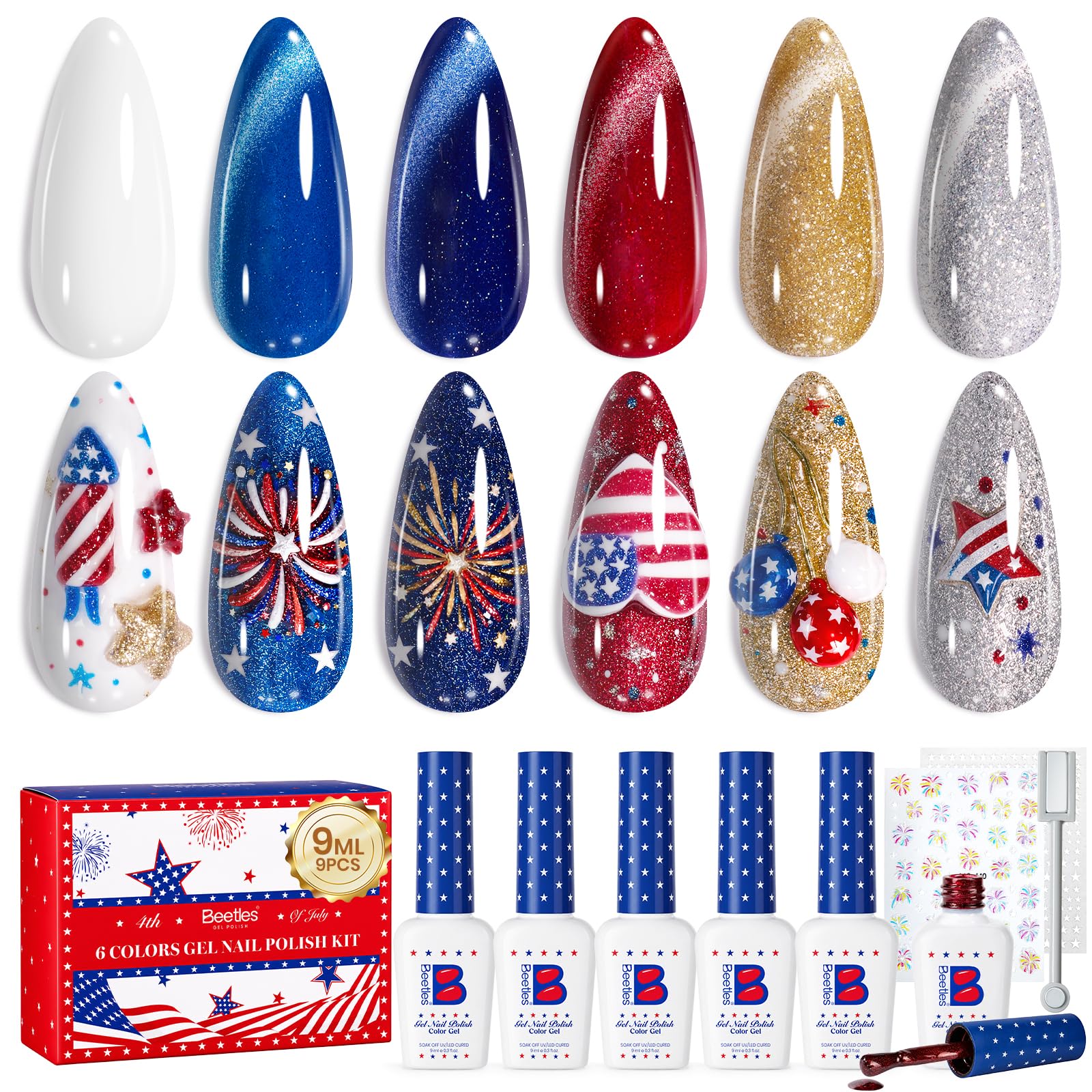 Independence Spark Colors| 6 Colors Cat Eye Gel Polish Set Red White and Glitter Blue