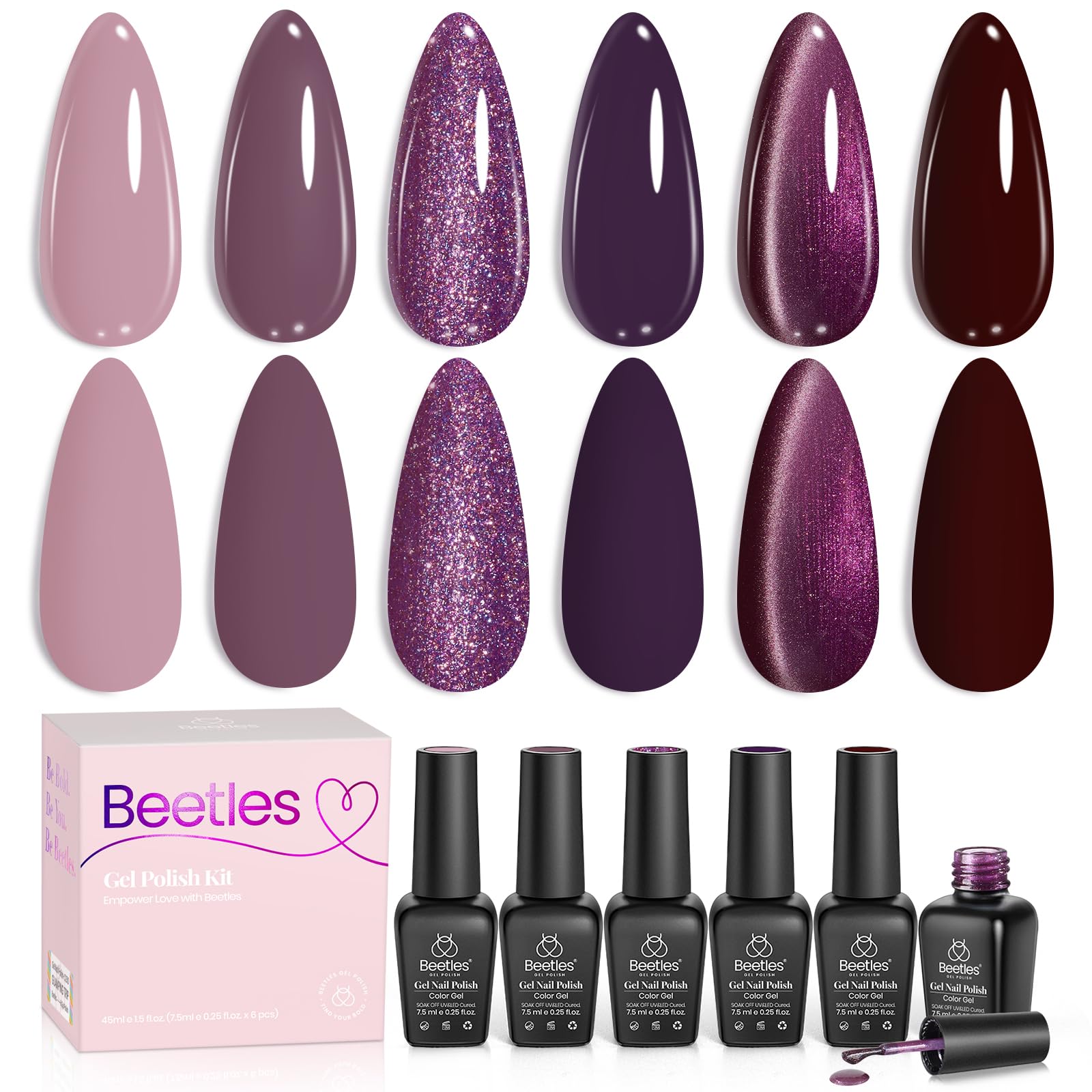 Beetles Purple Gel Nail Polish Set 6 Colors Muse of Midnight Deep Dark Light Purple Glitter Cat Eye
