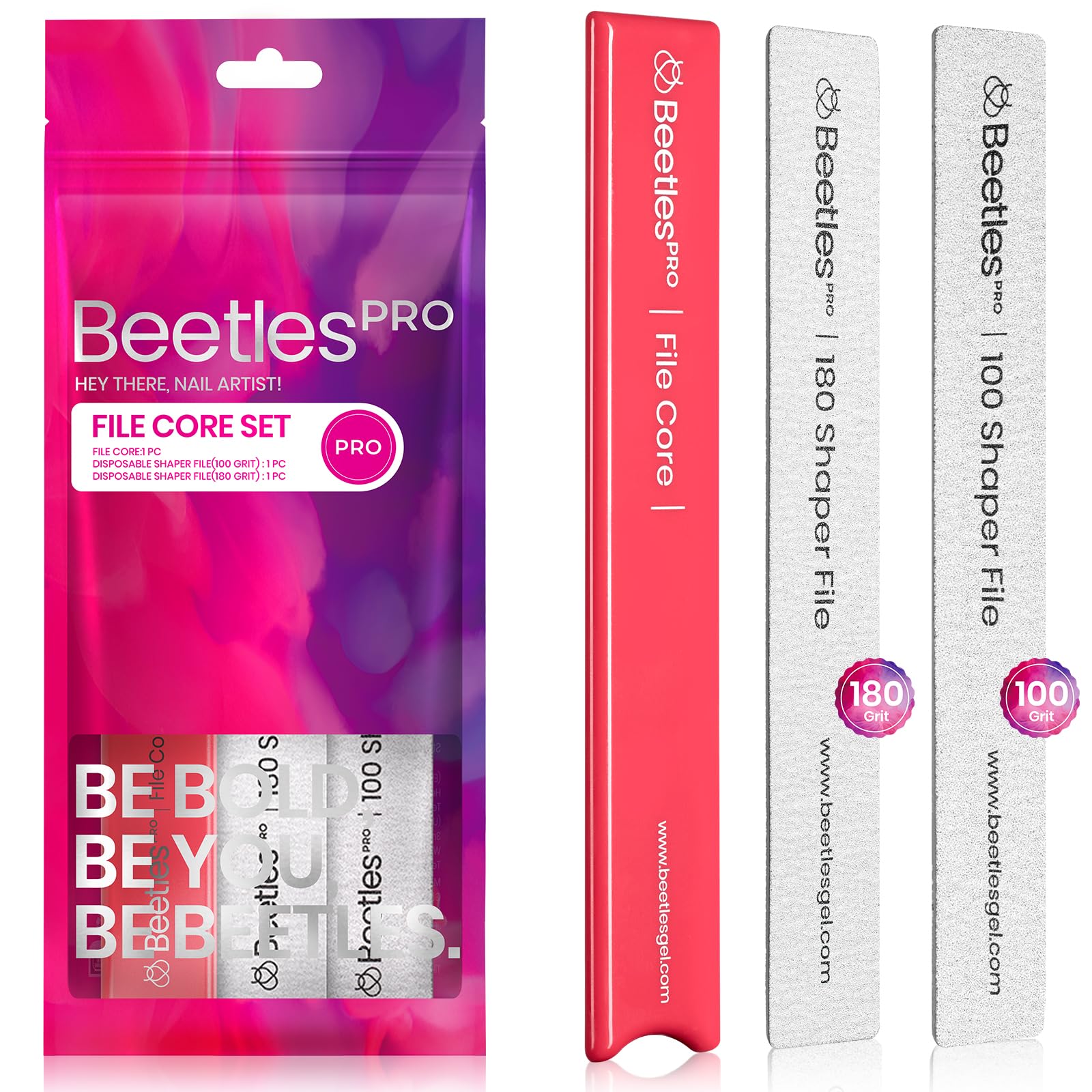 Beetles Pro 3-Pcs Nail File – Professional 1Pcs Reusable Peel and Stick File Core with 2Pcs 100/180 Grit Nail Files