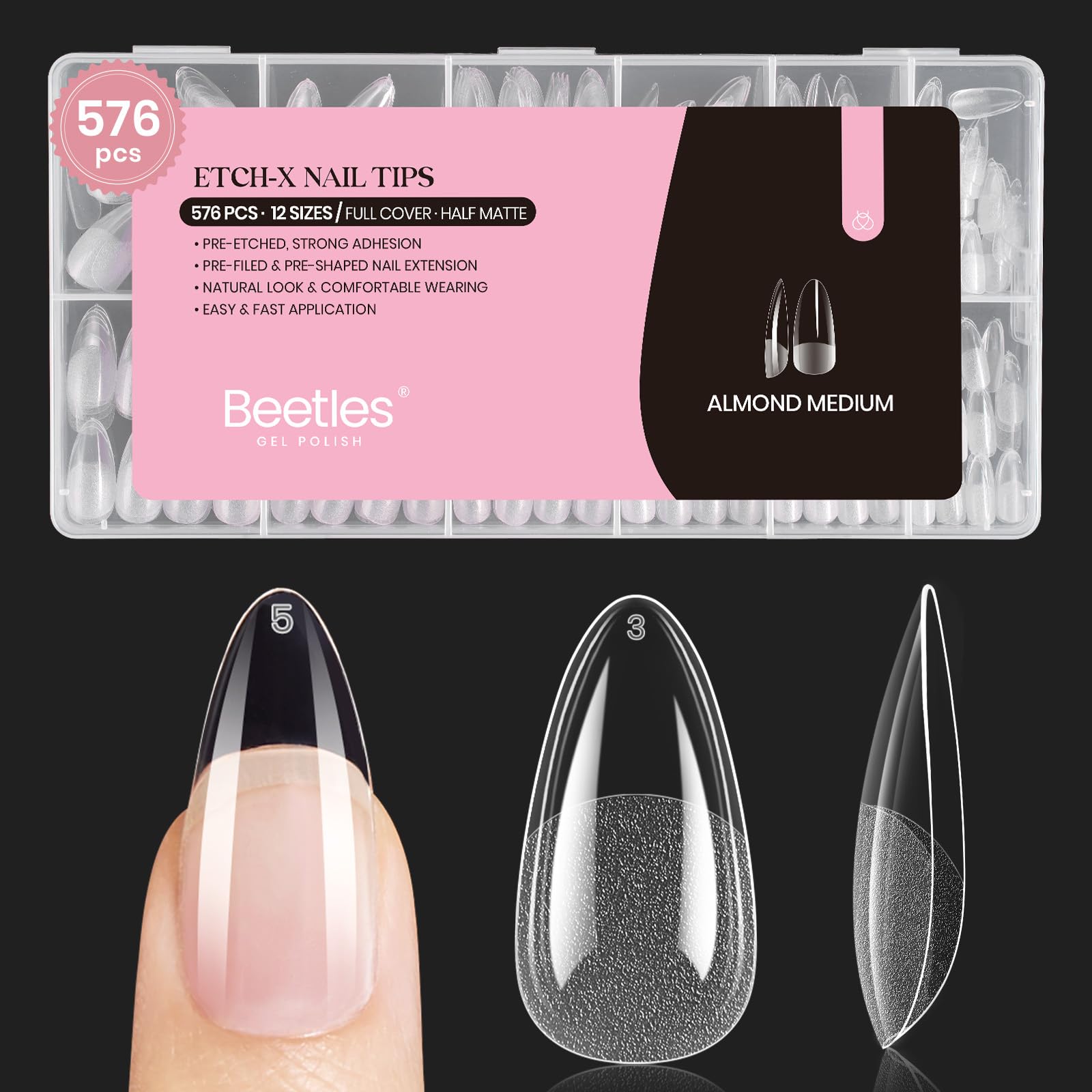 Beetles Almond Medium Nail Tips 576pcs 12 Sizes DIY Nail Extension Gift for Women