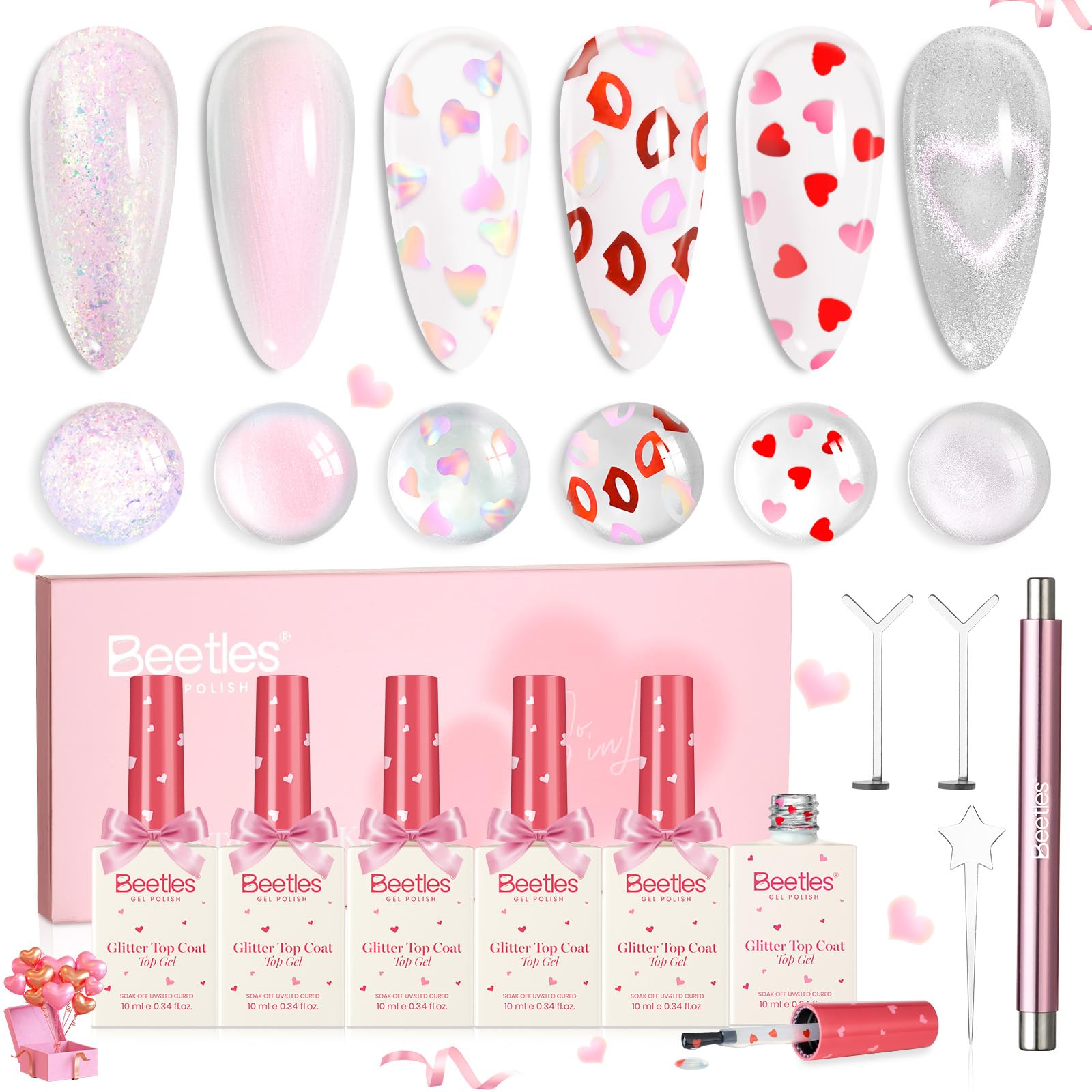 Beetles Valentine Nails Gel Top Coat Set - 6Pcs 10ml Heart Sparkle Cat Eye (Valentine's Limited)