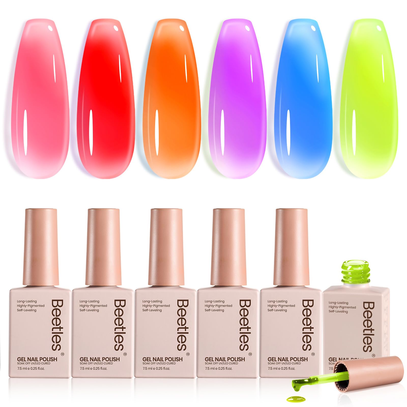 Beetles Gel Polish Neon Jelly - 6 Colors Sheer Hot Pink Red Orange Purple Blue Yellow Summer Nails Set