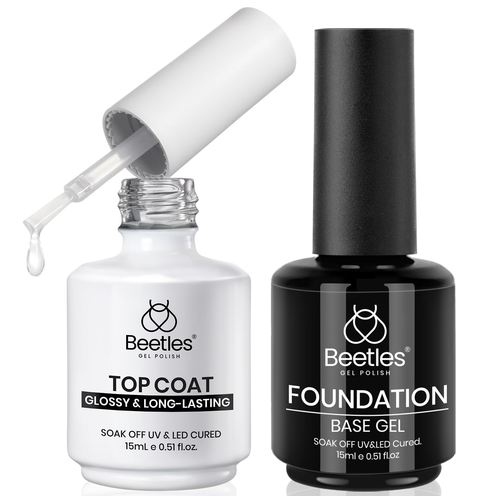 Beetles 2Pcs 15ml Gel Base and Top Coat Set - Upgrade No Wipe Extra Glossy Top Coat Finish for Gel Nail Polish