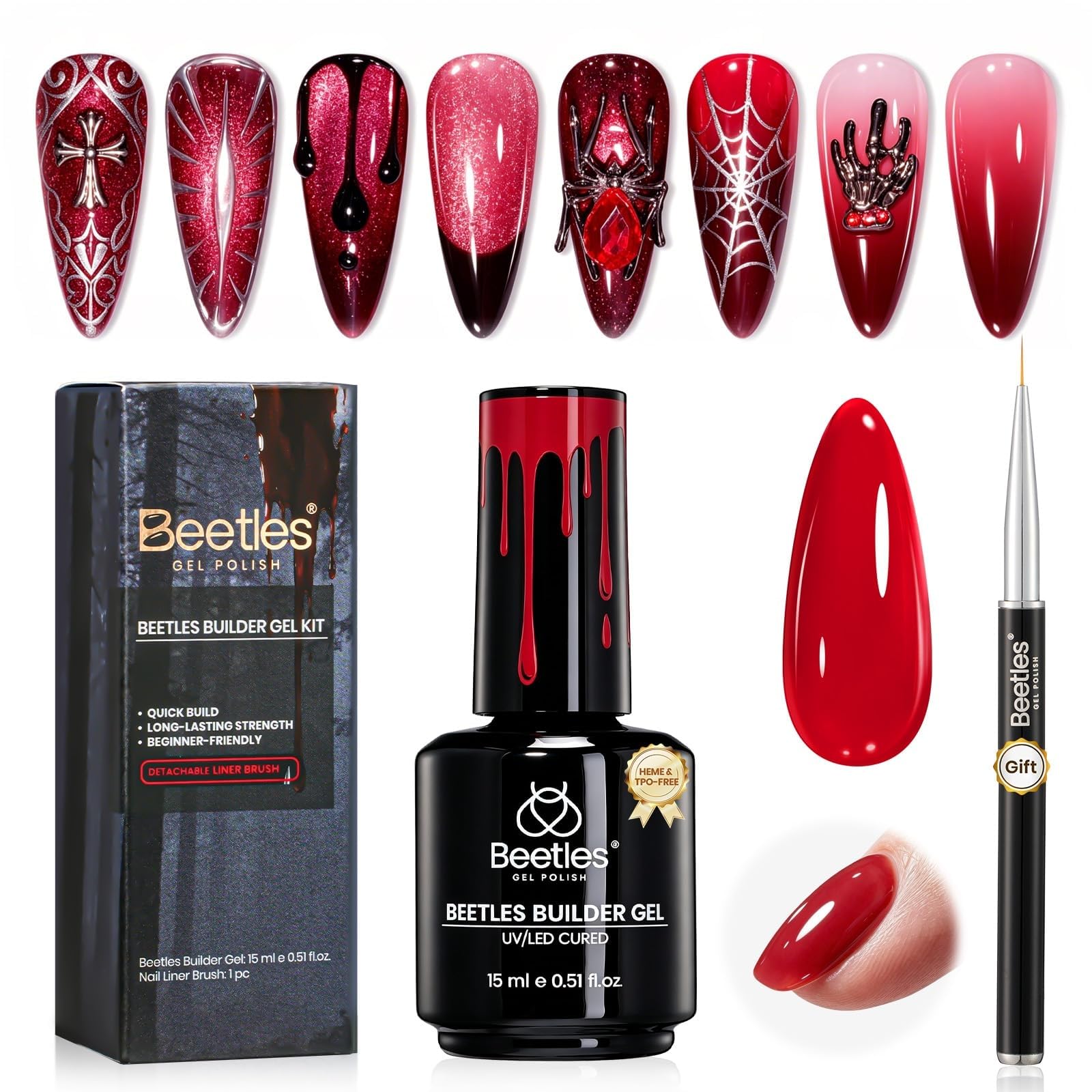 Beetles Halloween Builder Gel Nails Kit HEMA & TPO-Free 15ml 8 in 1 Red & Nail Brush 2026 Limited Edition