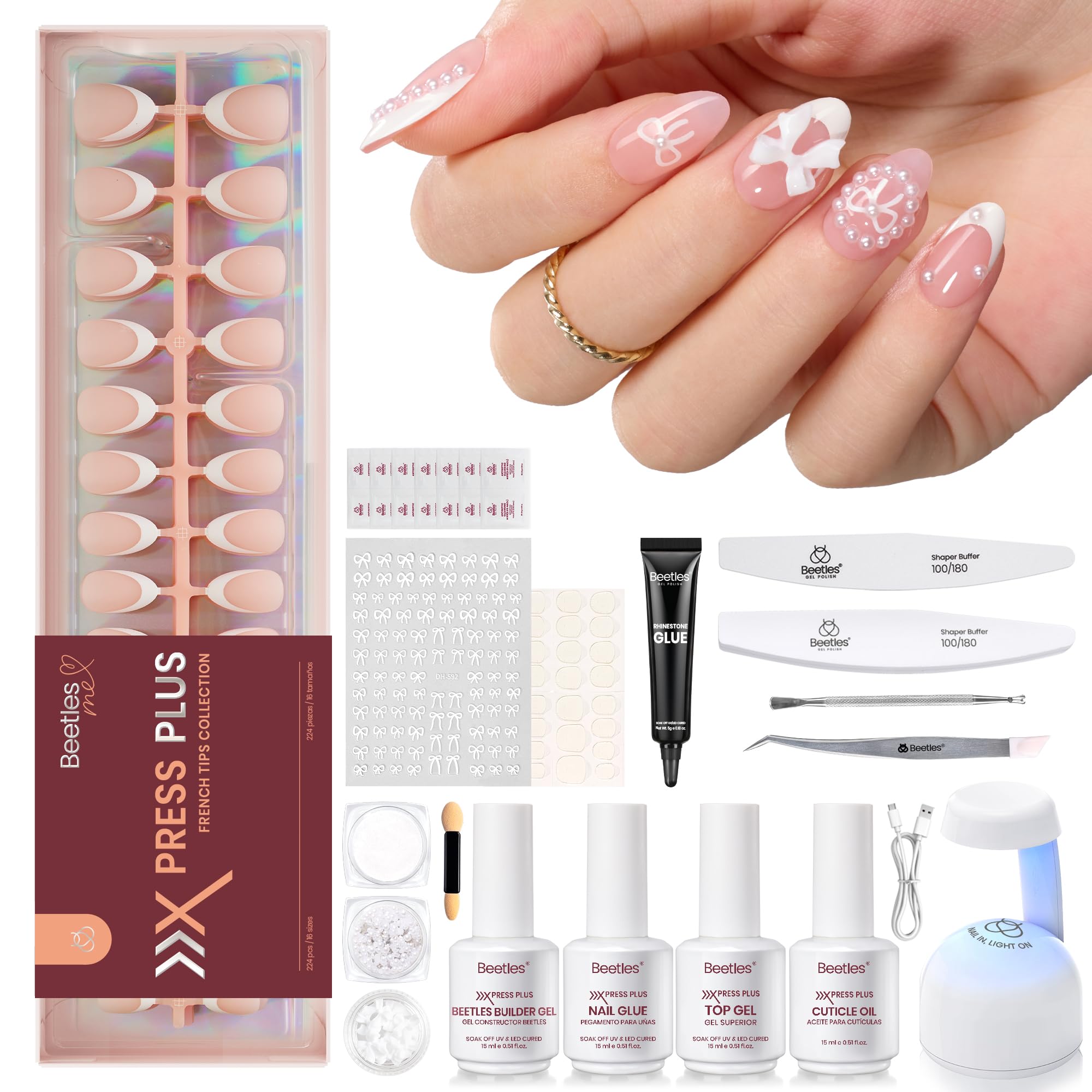 Beetles  Gel Nail Kit, French Tip Press On Nails Short Almond Kit with 224Pcs Nail Tips