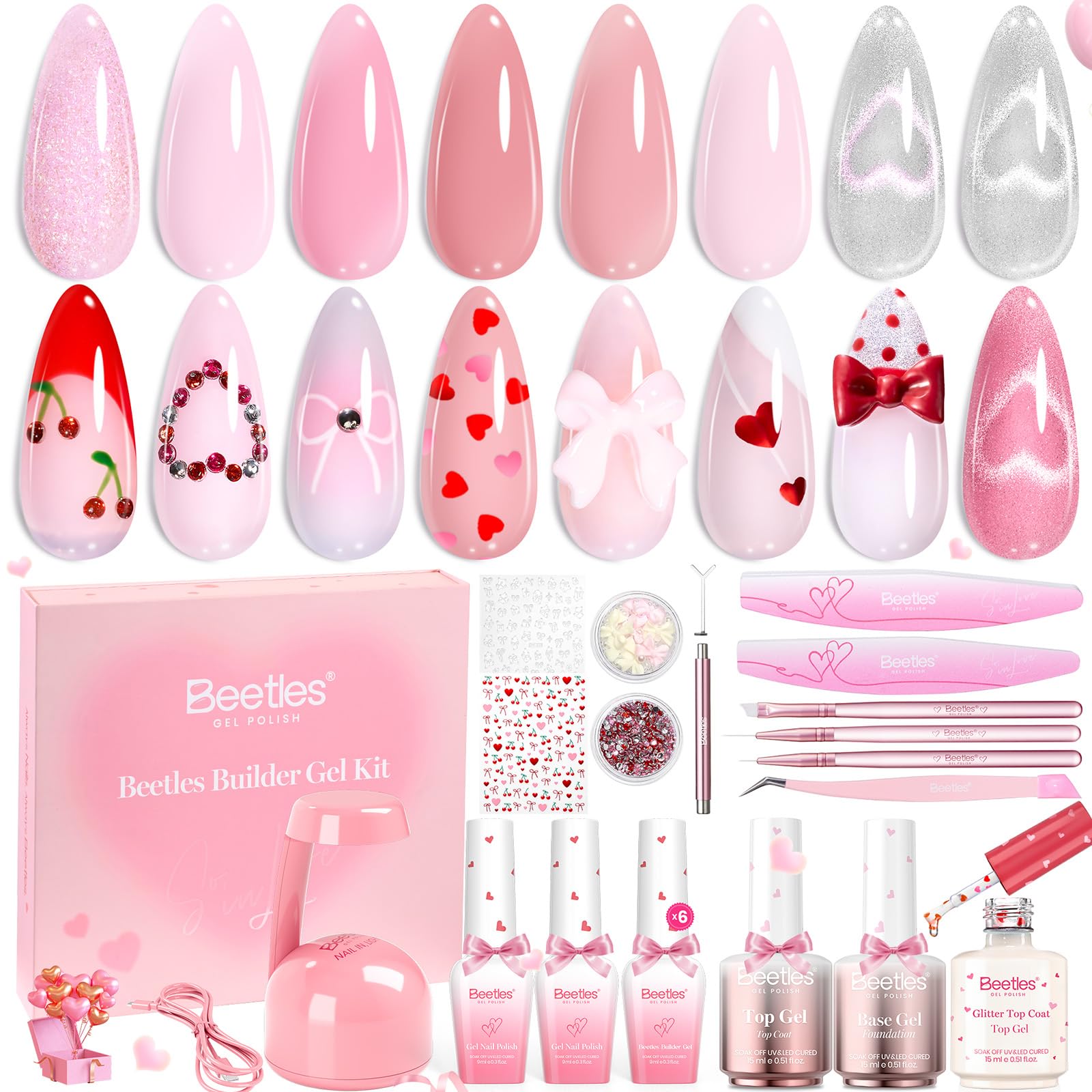 Beetles Valentine Nails: Blush Charm Valentine's Edition Builder Gel Kit with Mini Nail Lamp