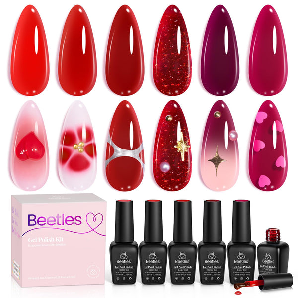 Beetles Gel Polish Luminous Ruby -  Valentines Nails 6 Colors Sheer Red Shimmer Burgundy Jelly Gel Nail Polish Set