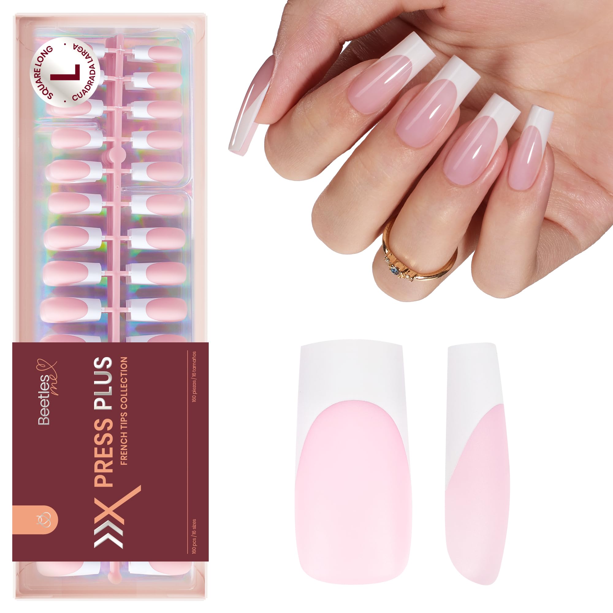 Beetles French Tip Press on Nails Long Square Salon Quality - White French Pink Gel Nail Tips 15 Sizes