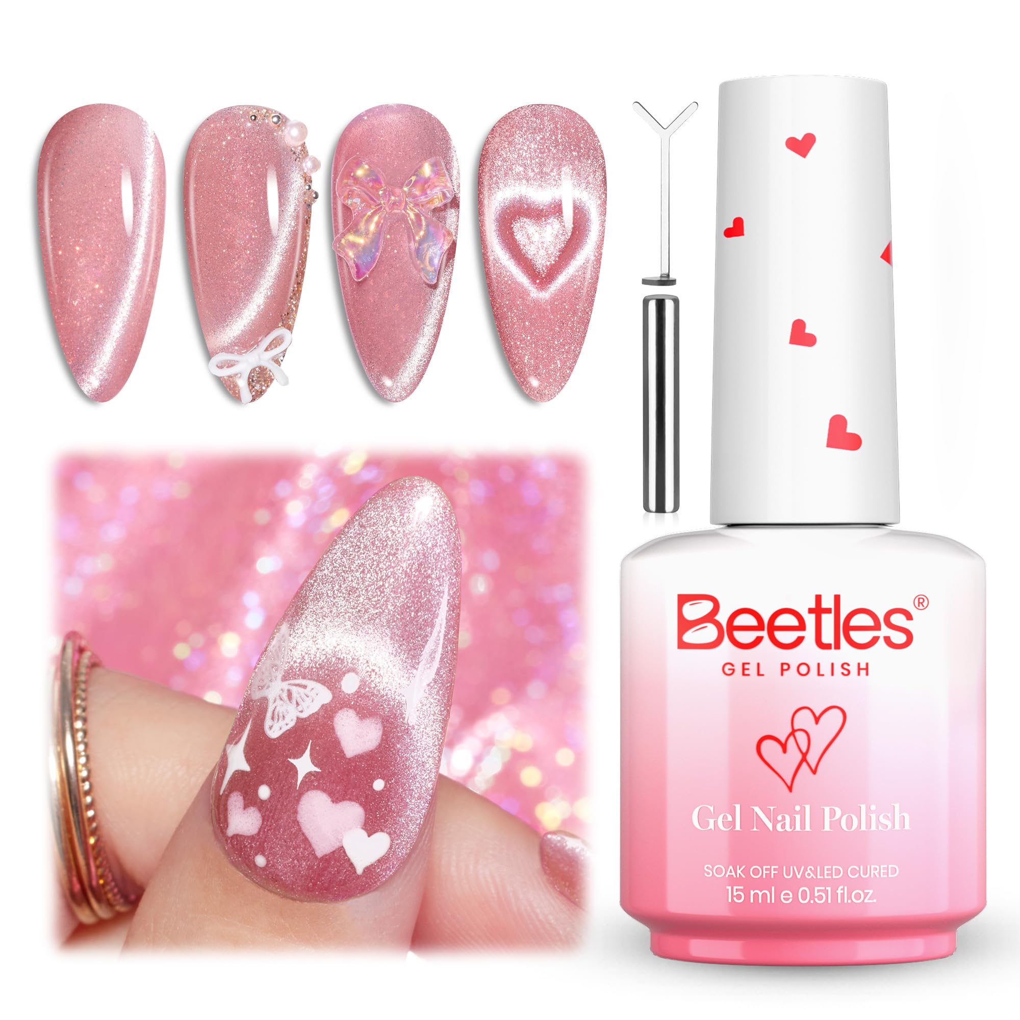 Beetles Heartbeam Pink Gel Nail Polish - 15ML Valentine Nails Pink Cat Eye Glitter Nail Polish