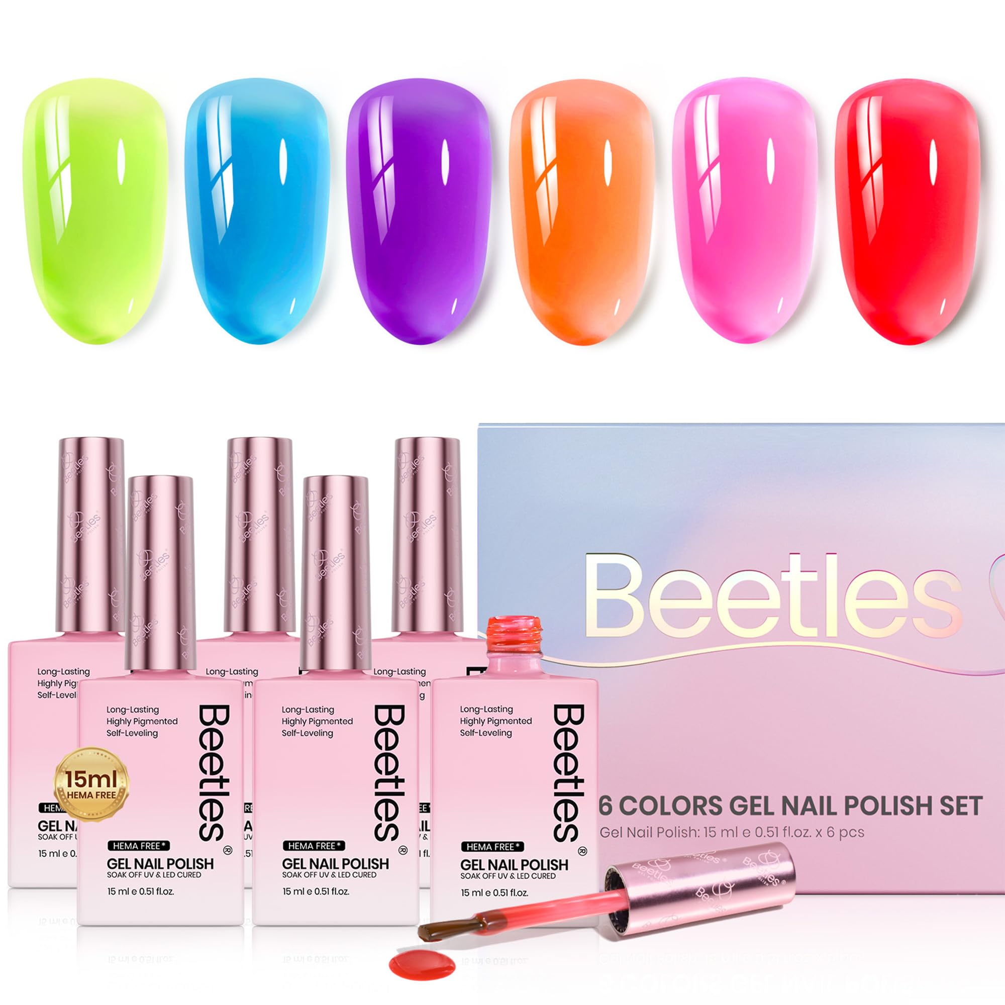 Hema-free Neon Jelly | Colorful Bottle Nails 6 Color Each 15ml Gel