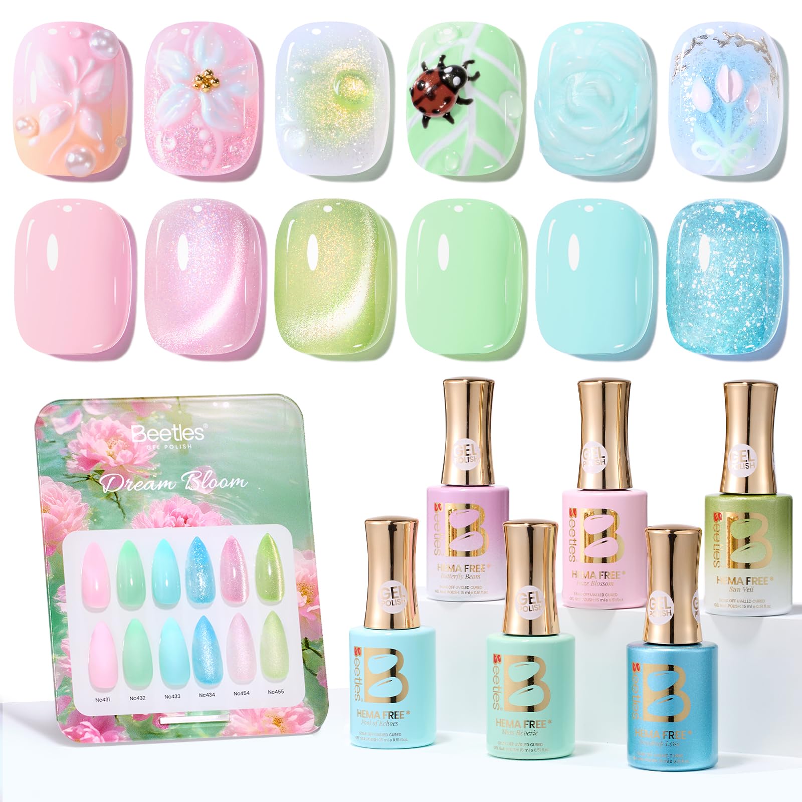 Beetles Hema Free Gel Polish Set, 15 ML 6 Colors Pastel Cat Eye Pink Green Blue Glitter Gel Nail Polish Kit Soak Off UV Nail Art DIY at Home Salon Spring Summer Easter Gift for Women