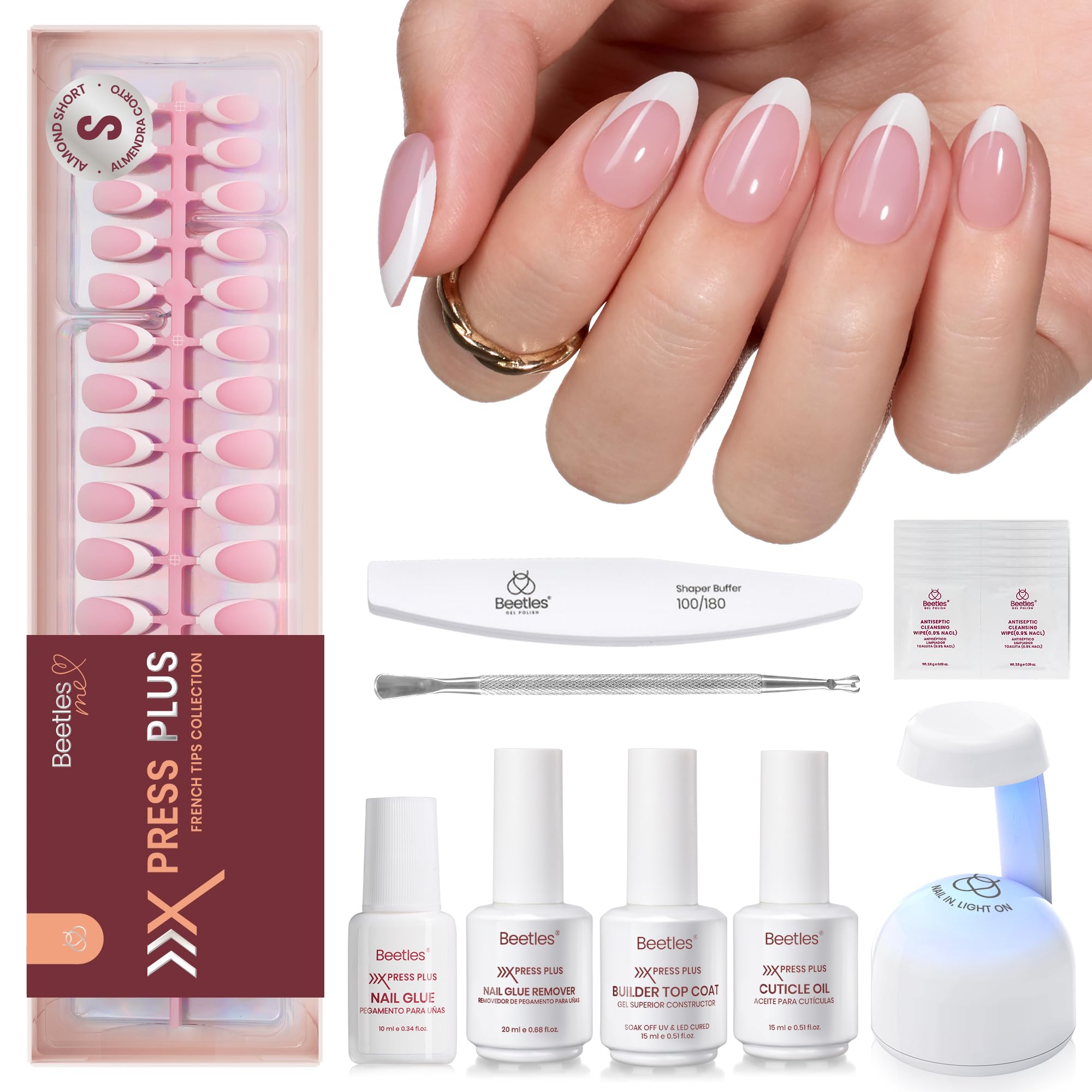 Beetles X Press Kit Gel Nail Kit - Press On Nails Short Almond Kit with 224Pcs French Nail Tips Nail