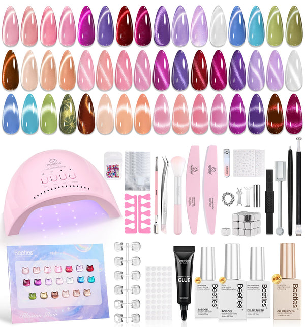 Beetles Gel Nail Starter Kit Illusion Glow Cat Eye Nails 96Pcs 20 Colors With UV Light All-in-One Mani Kit