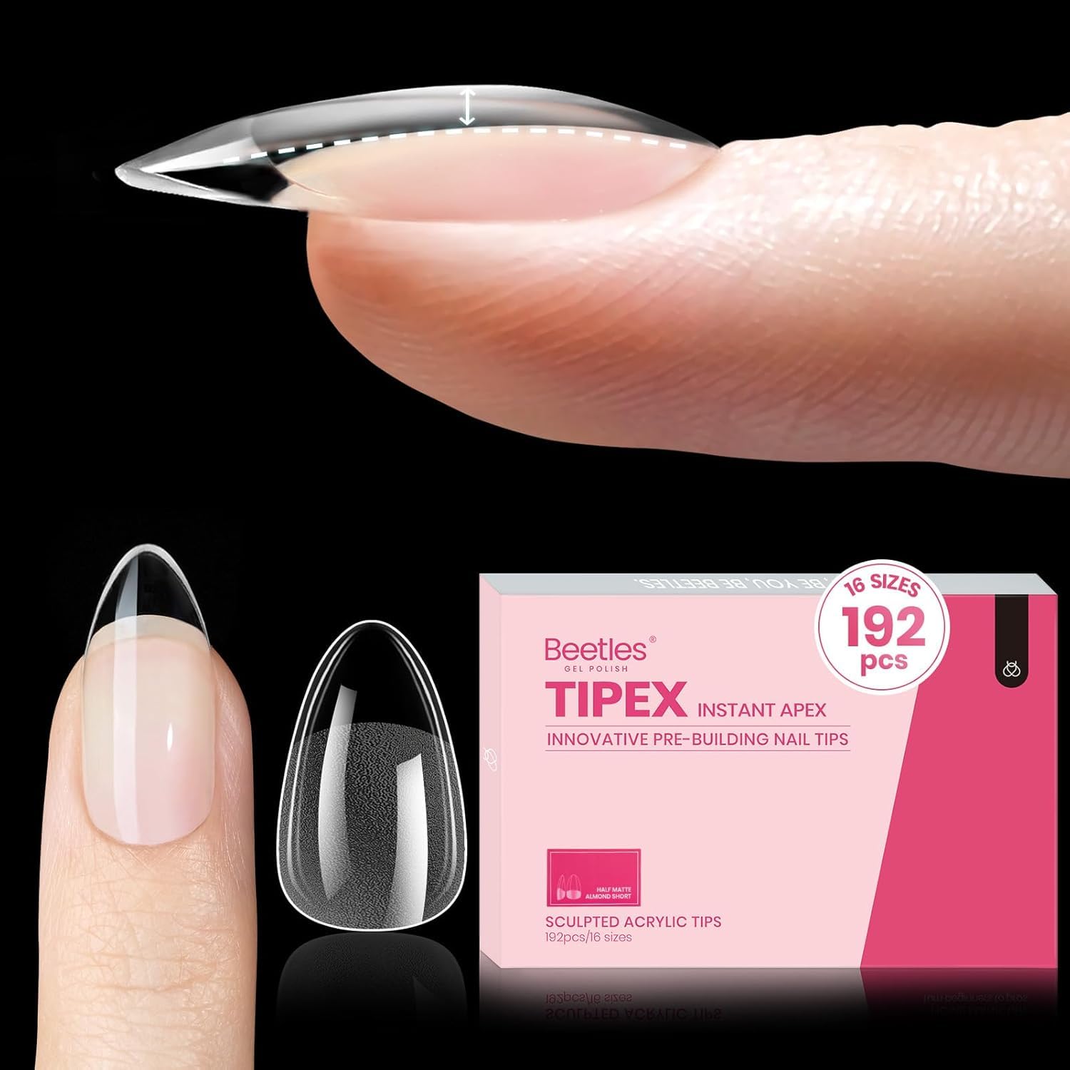 Beetles Tipex Instant Apex Nail Tips - 16 Sizes 192 Pieces Almond Short-Pre-Building