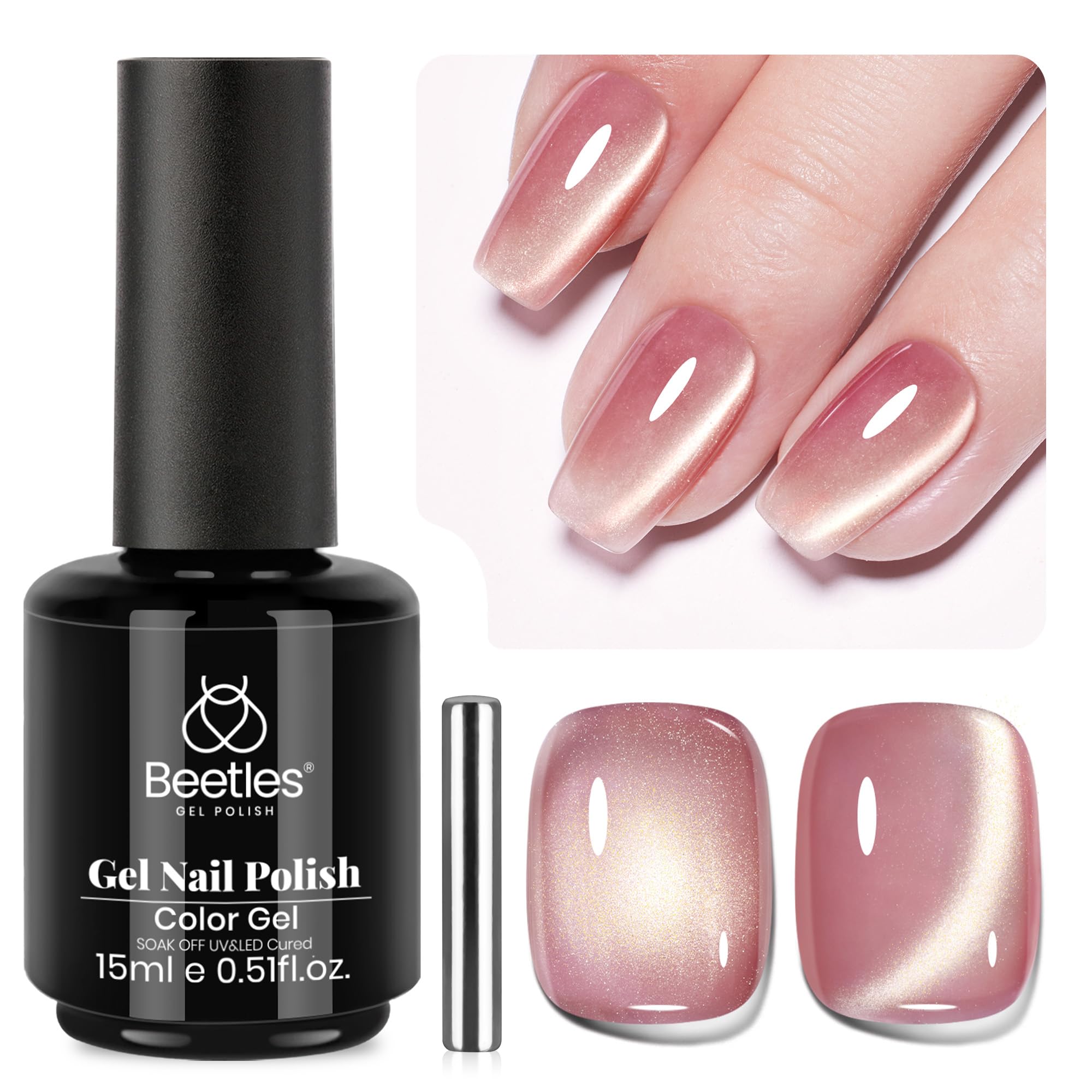 Sunlit Champagne  - 15ML Peach Pink Glass Cat Eye with Gold Powder Magnetic Glitter Gel Polish