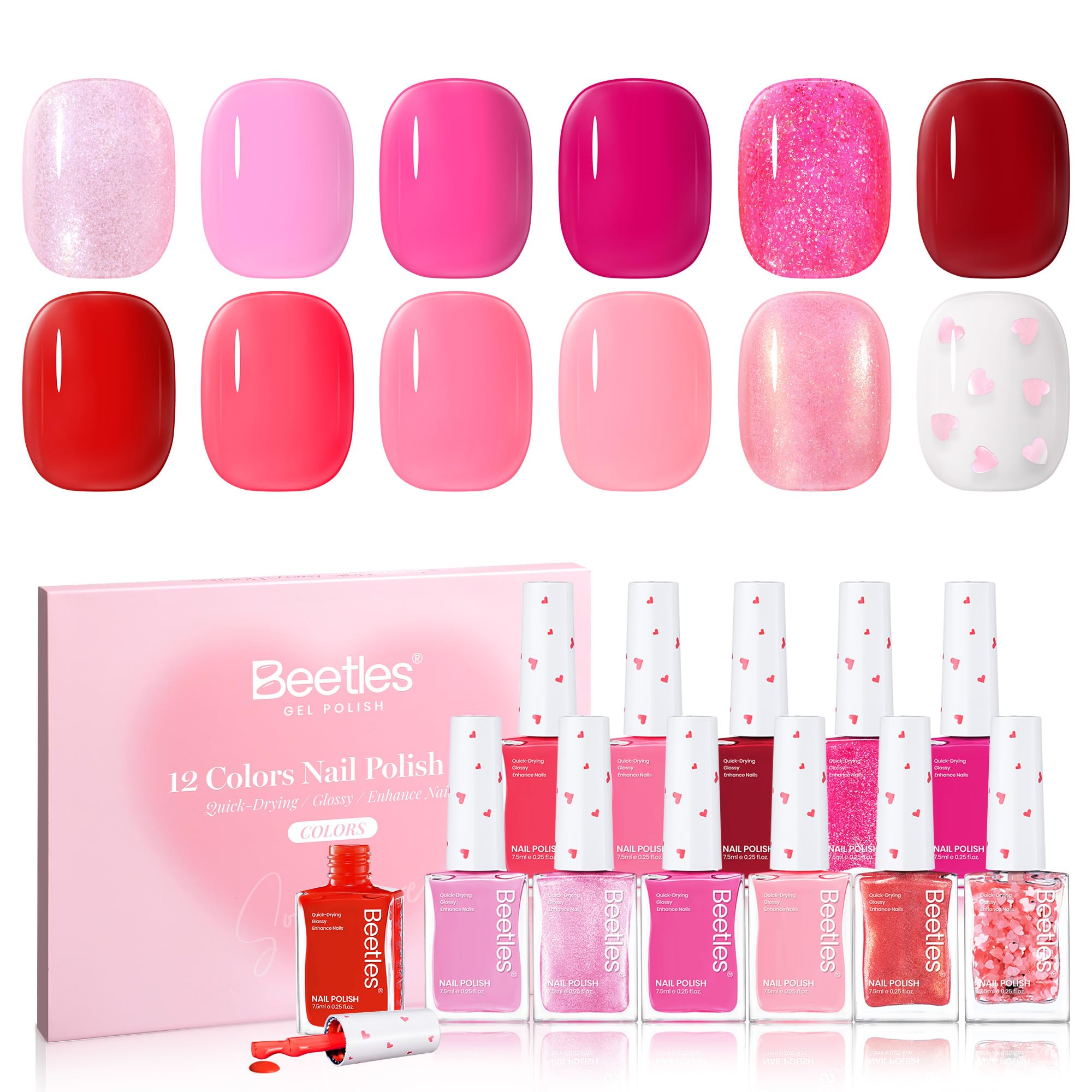 Beetles Pink Nail Polish Set - Love's Prism 12 Colors Valentine Nails Quick Dry Nail Polish Set