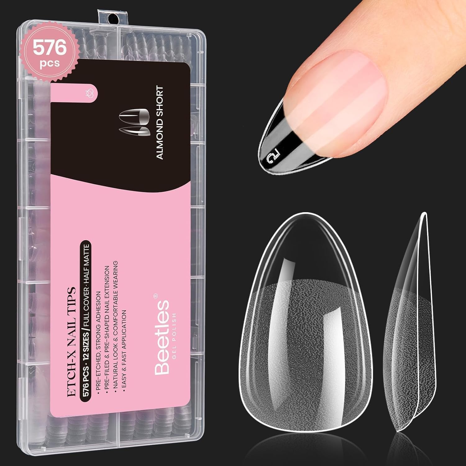 Beetles Gel Nail Tips 12 Sizes 576Pcs Pre-shape Short Almond Tips