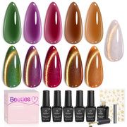 Beetles Gilded Lull Winter Nails Cat Eye Gel Nail Polish Set - 6 Colors Jelly Brown Purple SilverGlitter Gel Nail Kit