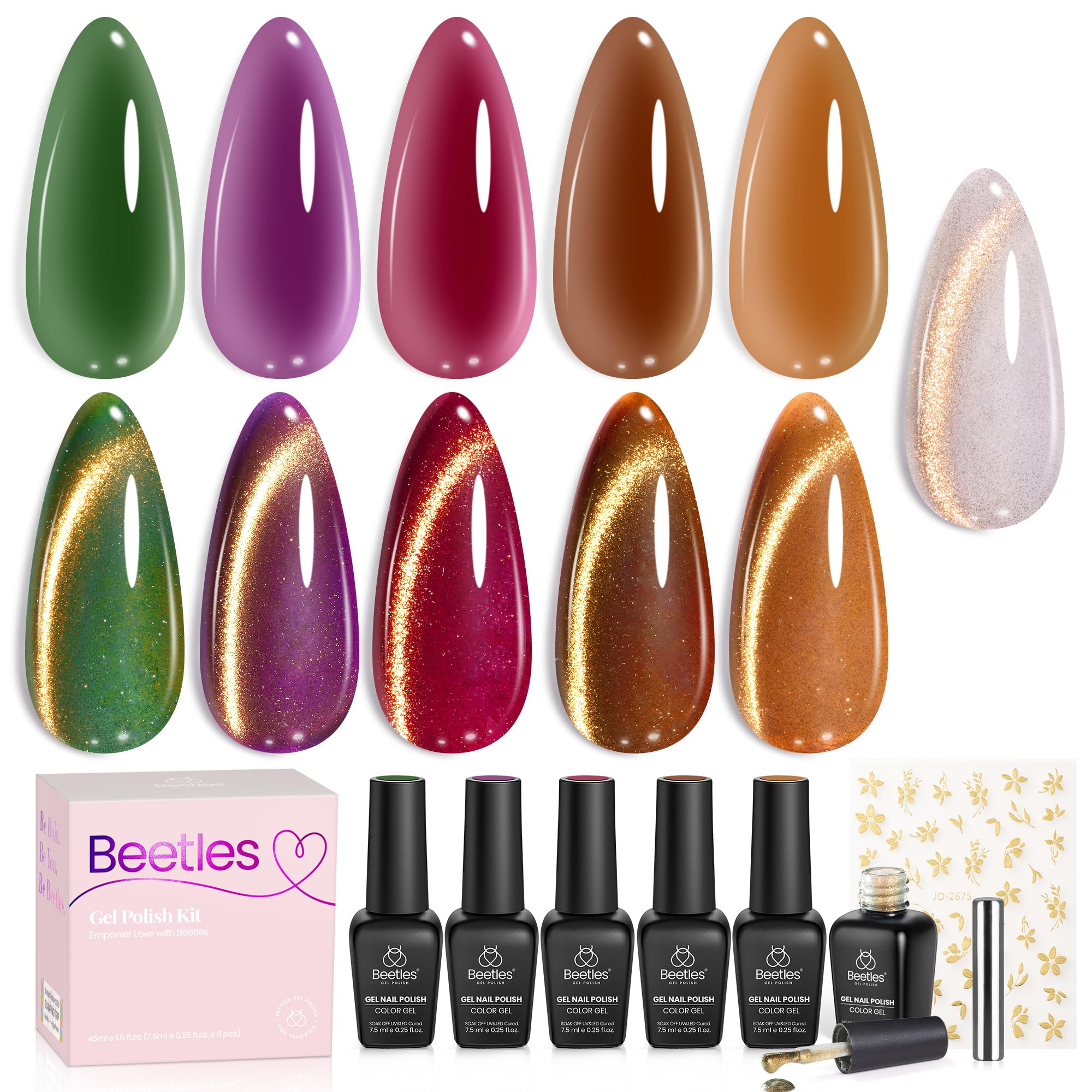 Beetles Gilded Lull Winter Nails Cat Eye Gel Nail Polish Set - 6 Colors Jelly Brown Purple SilverGlitter Gel Nail Kit