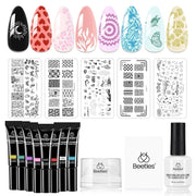 Beetles Palette Playbox Nail Stamp Gel 16Pcs French Tip Nail Stamp Kit with 8 Colors Stamper Gel Polish