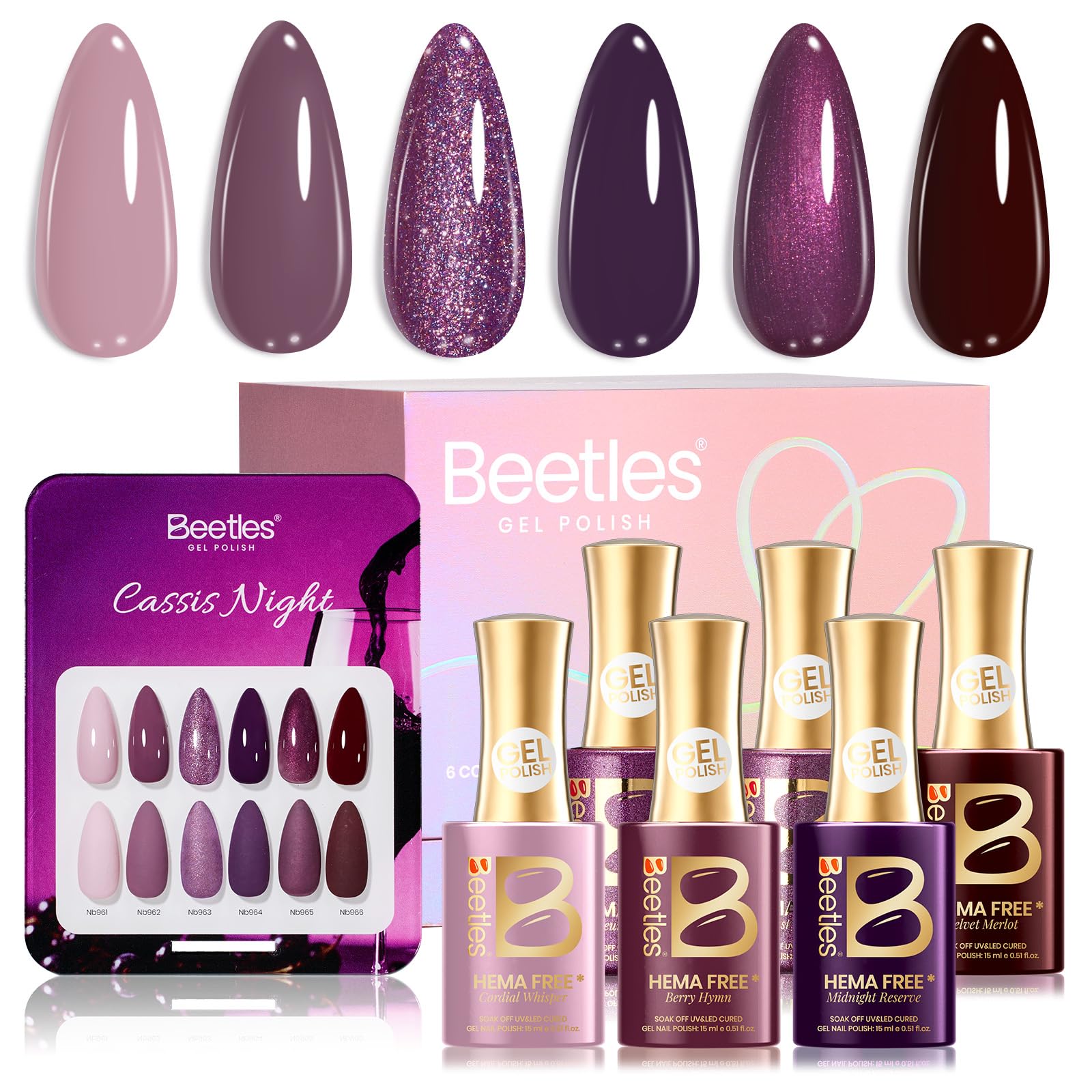 Beetles Purple Gel Polish Set - Cassis Night Collection HEMA-Free - 6 Colors 15ml Dark Purple Glitter Shimmer Color Nails