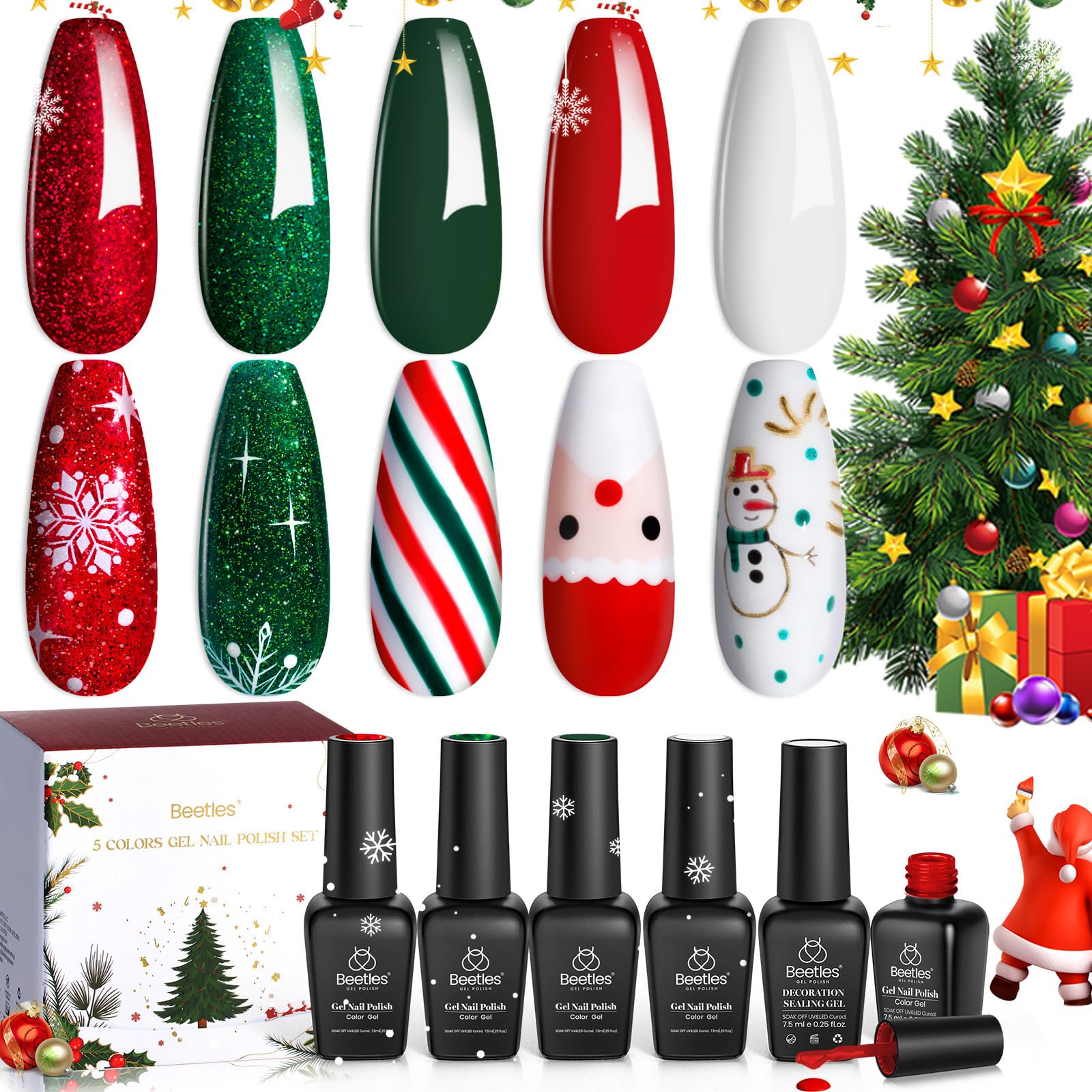 Beetles Christmas Gel Polish Set Stain Carol - 5 Colors Sparkle Red Green Set