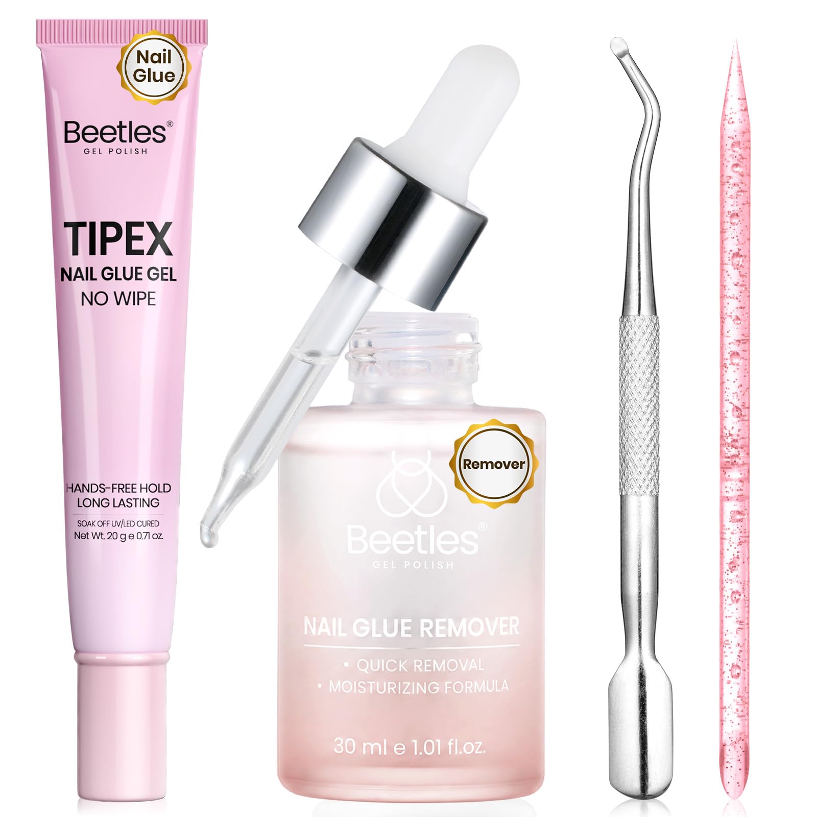 Beetles Nail Glue Essential Duo Dropper Design 20g No Wipe Hands-Free Nail Glue And 30ml Glass Dropper Nail Remover