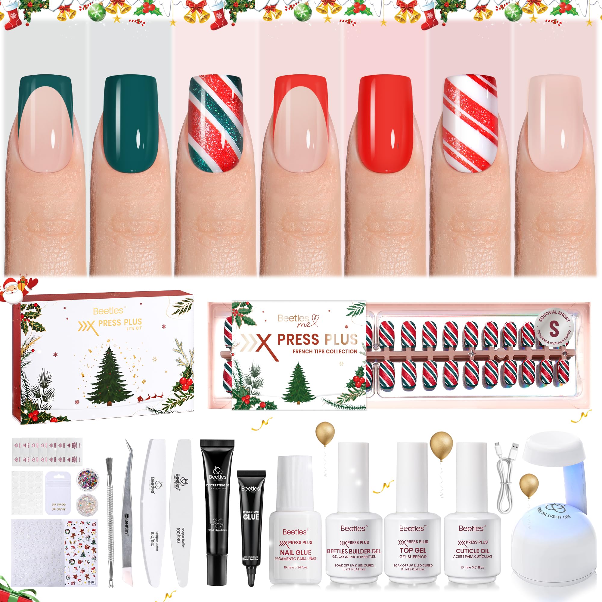 Beetles X Press Plus Gel Nails Kit Christmas Glitz - 7 Desgin Christmas Press On Nails Short Square 224Pcs 16 Sizes