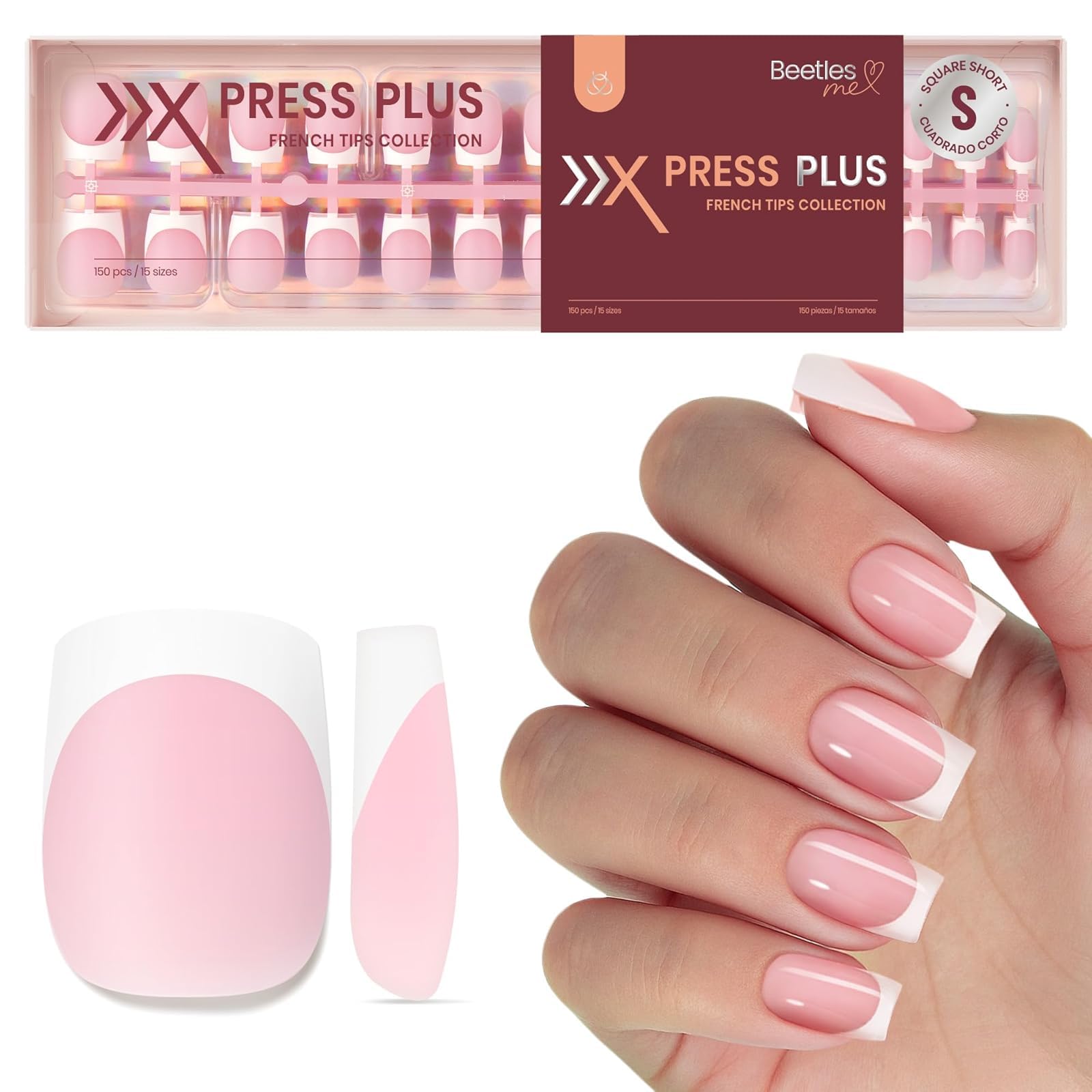 Beetles Pre-French Tips Gel Nail Tips - Pink Short Square Press 15 Sizes 150 Pcs