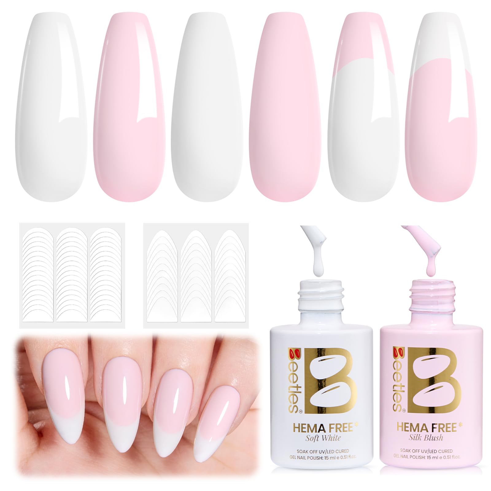 Beetles French Tip Gel Polish - Blush Moonlight 15ML with French Tip Stickers Hema Free