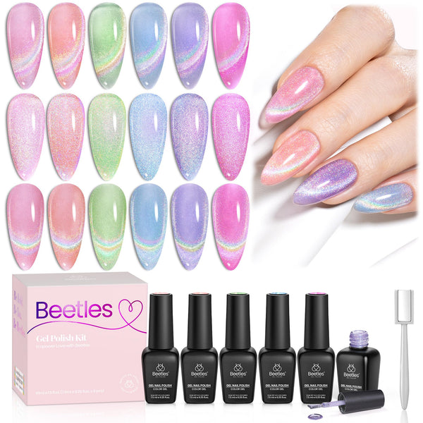 Iridescent Halo Winter Nails - 6 Colors Summer Rainbow Cat Eye Gel Nail Polish Set