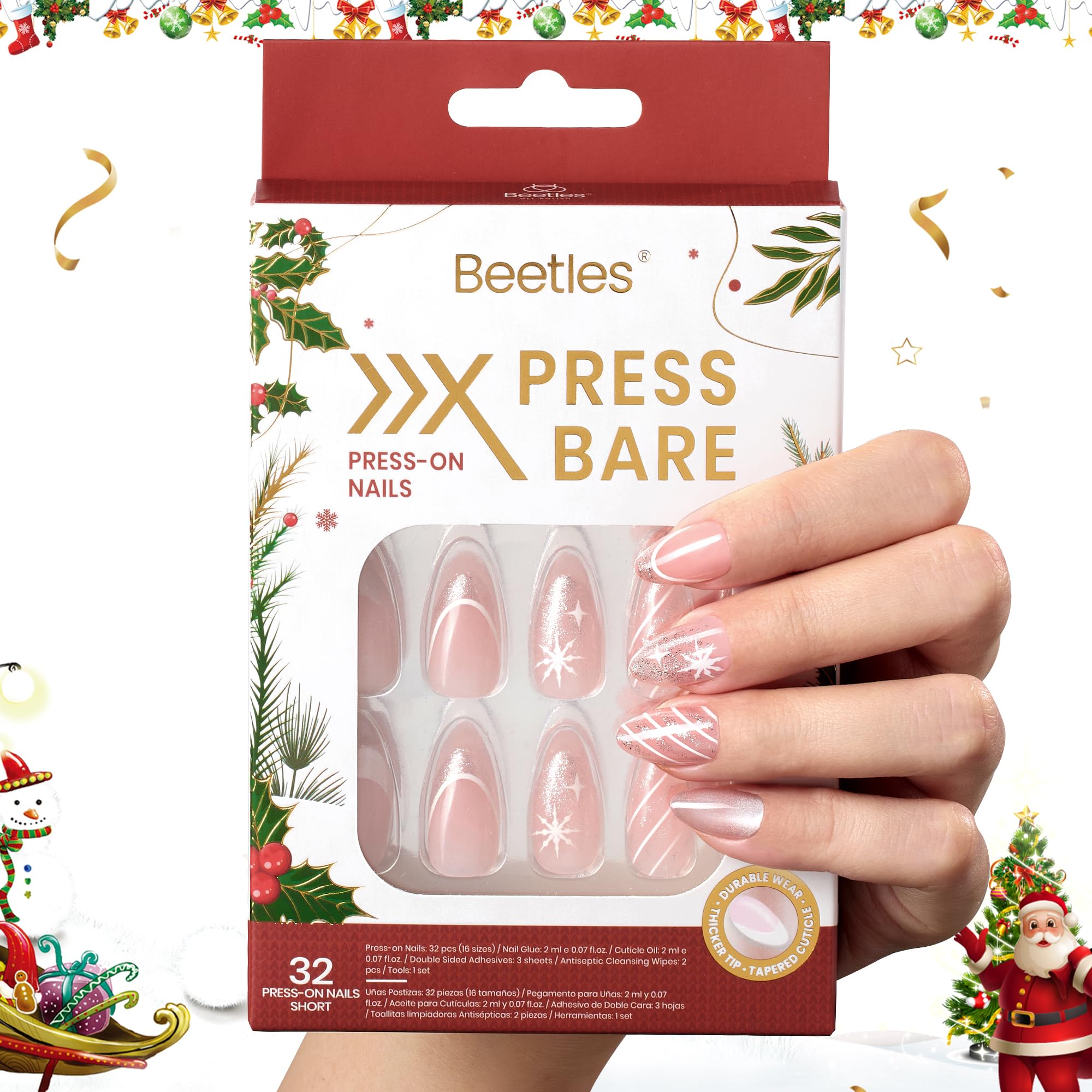 Beetles Press On Nails Christmas Snow - 32Pcs 16 Sizes Short Almond Press On Nails