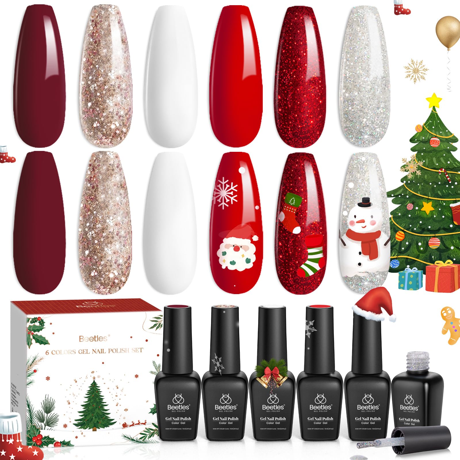 Beetles Christmas Gel Nail Polish Set Candy Cane - 6 Color Burgundy Red Glitter White Silver Winter Snow Holiday Sparkle Manicure Kit