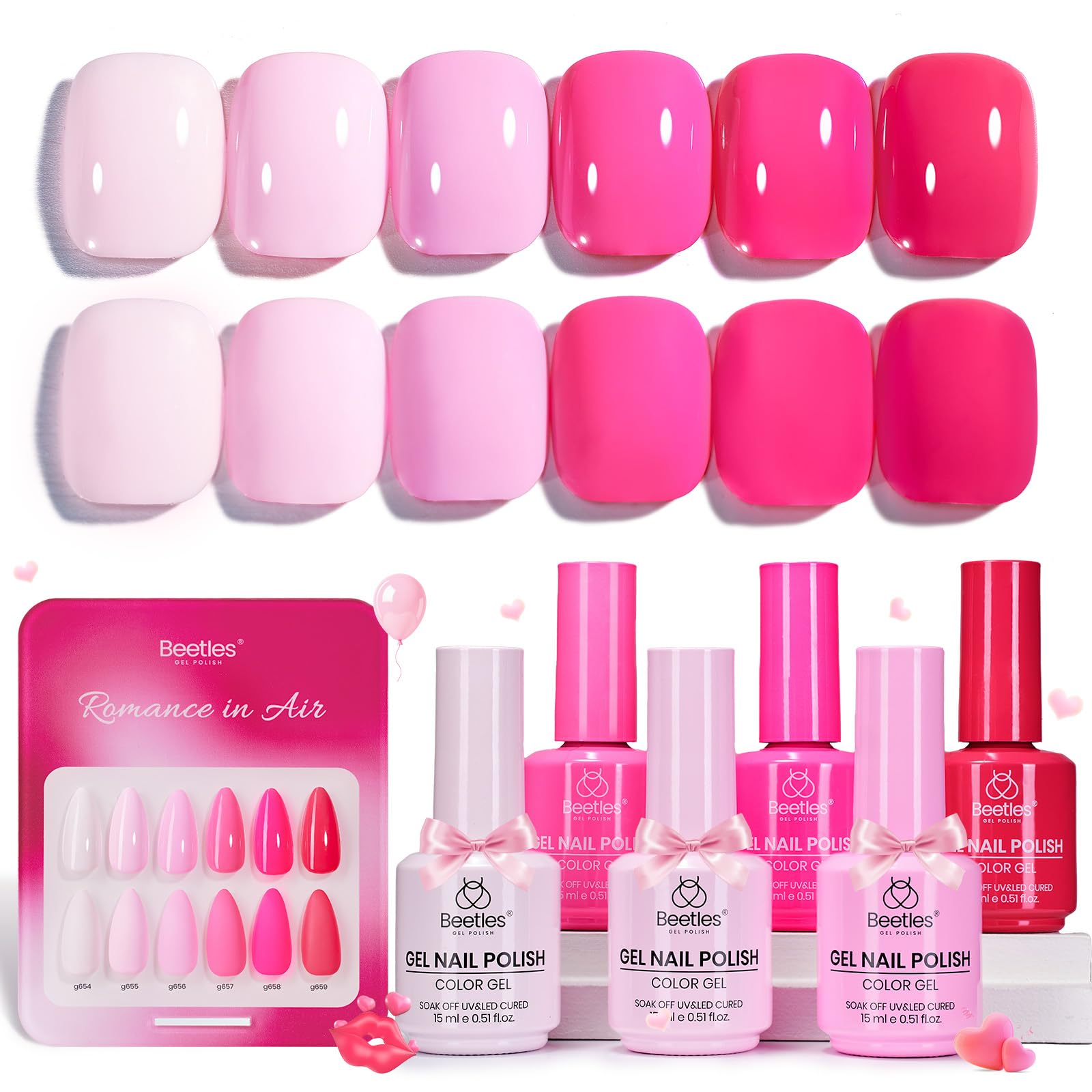 Beetles Valentines Pink Gel Polish Set - Romance in Air Collection 15Ml Bright Neon Light Hot Pink Colors