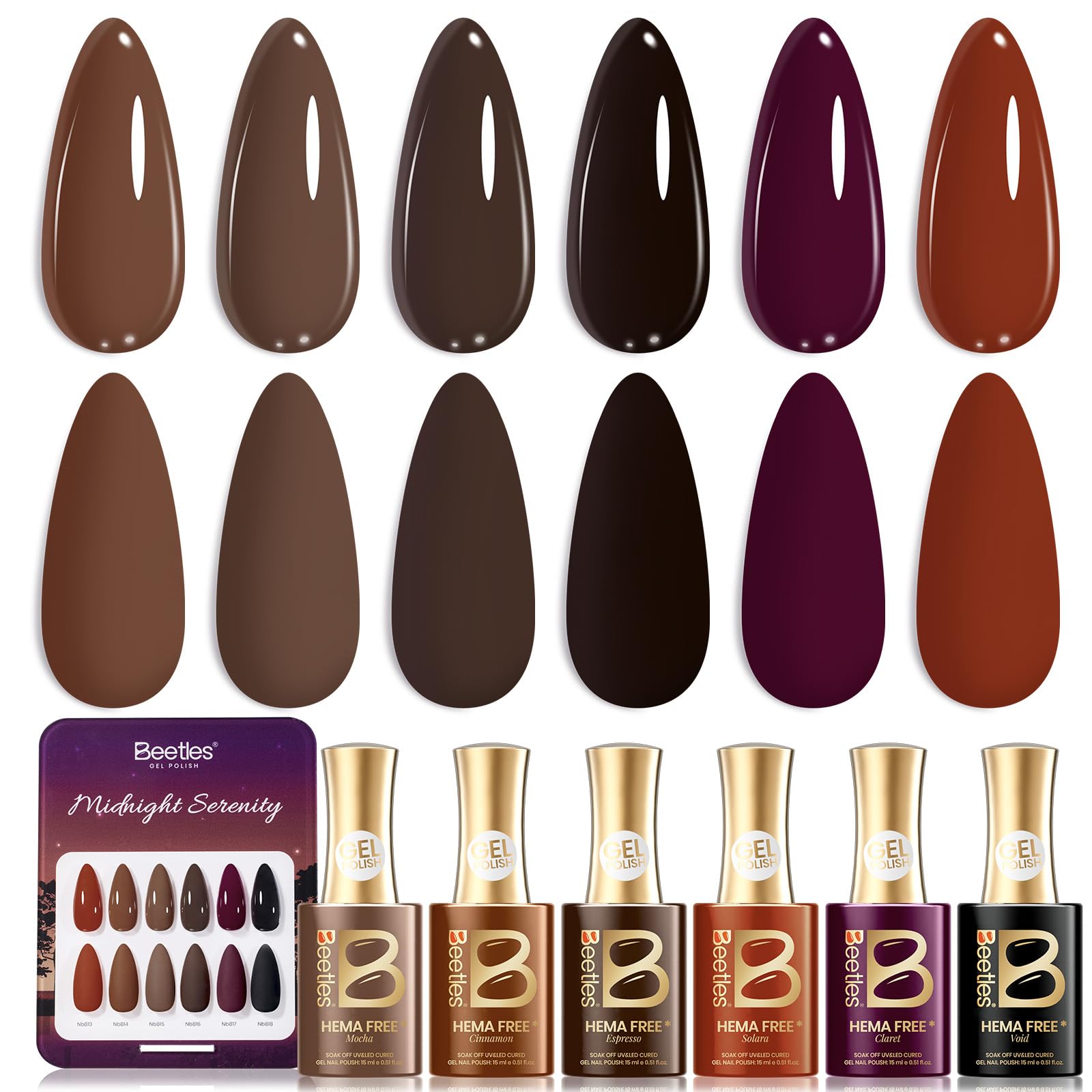 Beetles Winter Gel Polish Set Midnight Serenity HEMA-Free - 6 Colors 15ml Mocha Brown Gel Polish Set