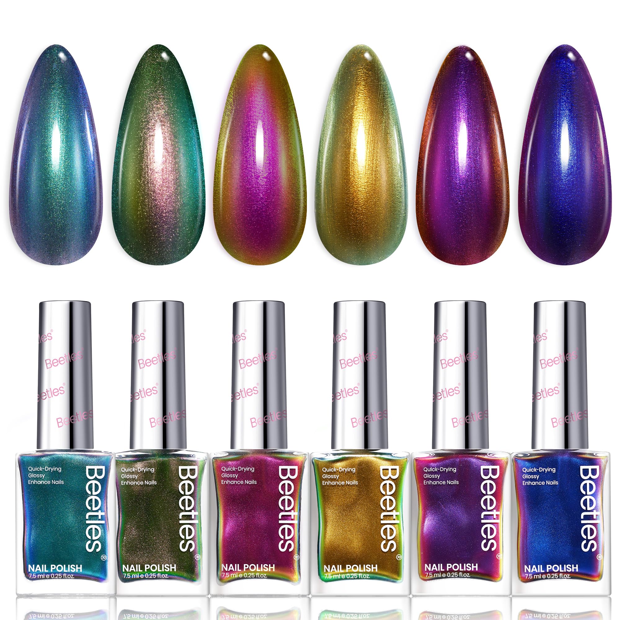 Beetles Chrome Nail Polish Set - Spring Nails Chameleon Holographic Ember 6 Colors Air Quick Fast Dry Metallic Nail Polish
