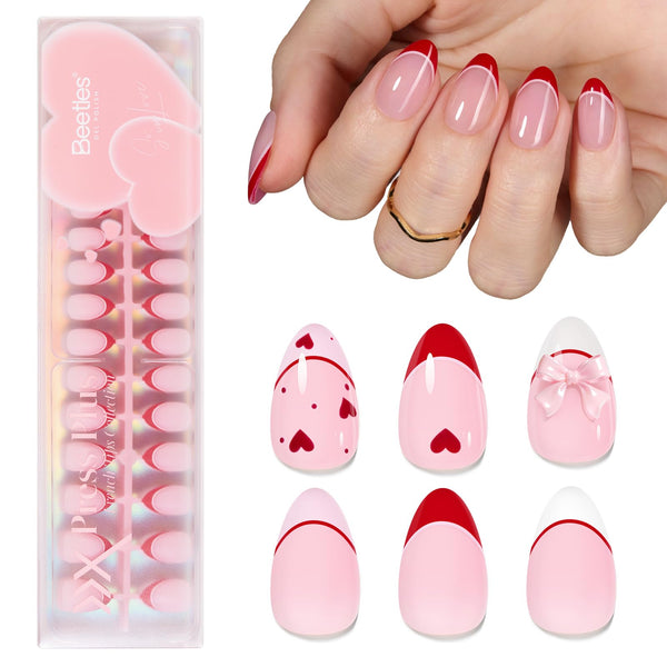 Beetles Valentine Nails Press Romantic Dream - 192 Pcs 16 Sizes 3 Colors Short Almond French Tip Press On Nails