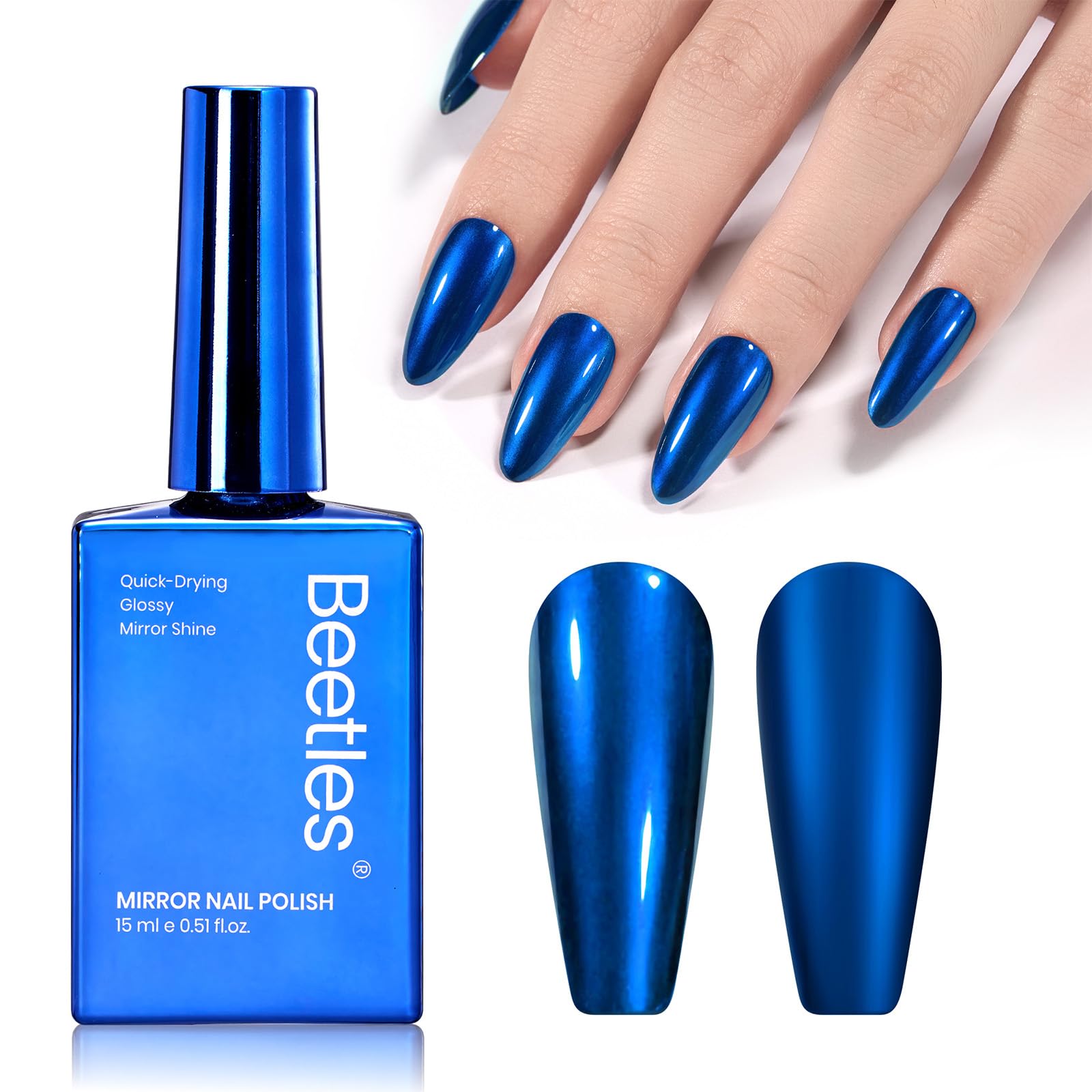 Beetles Blue Mirror Nail Polish - Shine Blue 15ml Chrome Nail Polish Metallic Effect Quick-Drying Glossy Finish Easy Application