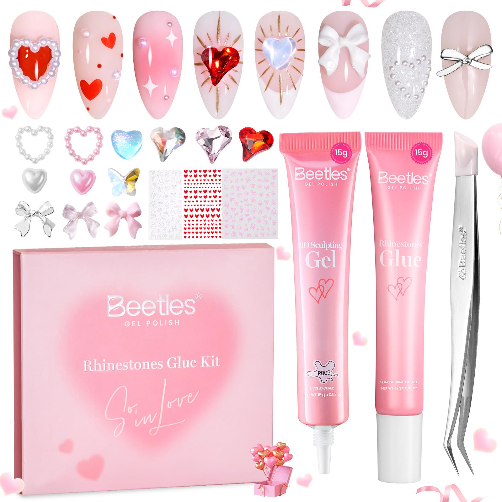 Beetles 3D Gel Nail Art Rhinestones Glue Kit - Valentine Nails Limited Nail Decorations for Nail polish