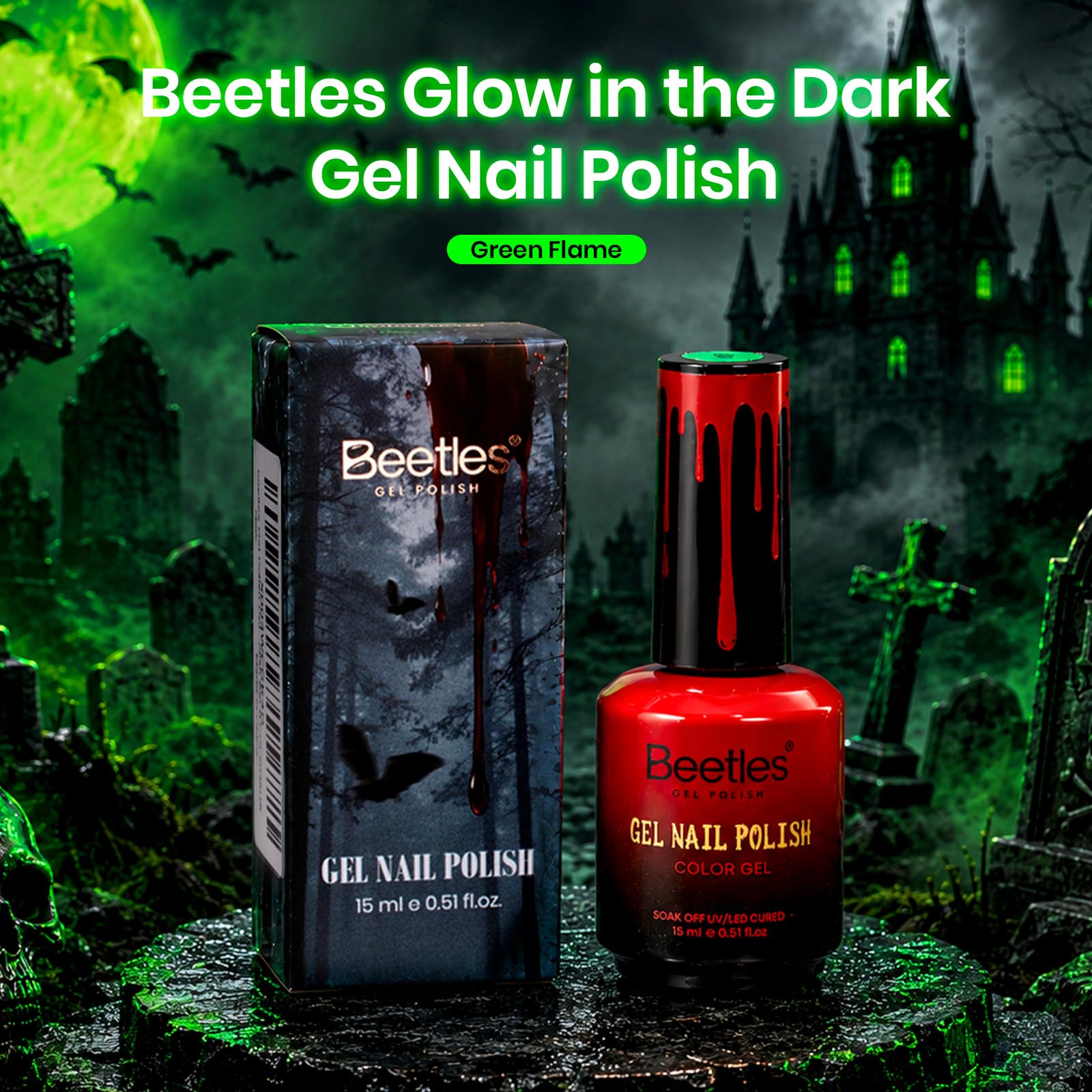 Green Flame-Beetles Halloween Glow In The Dark Gel Nail Polish 15ML Neon Green 2026 Limited Edition