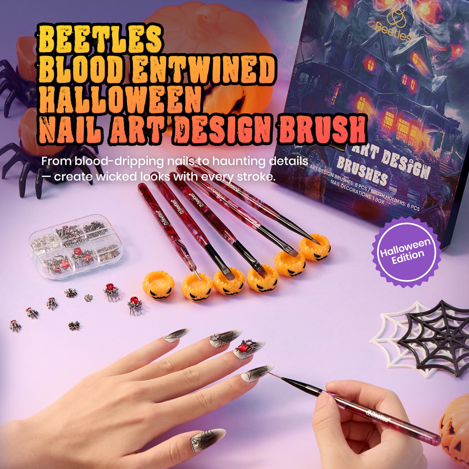 Halloween Nail Art Brushes - 6pcs Nail Art Pens with Pumpkin Palette Holder Halloween Charms