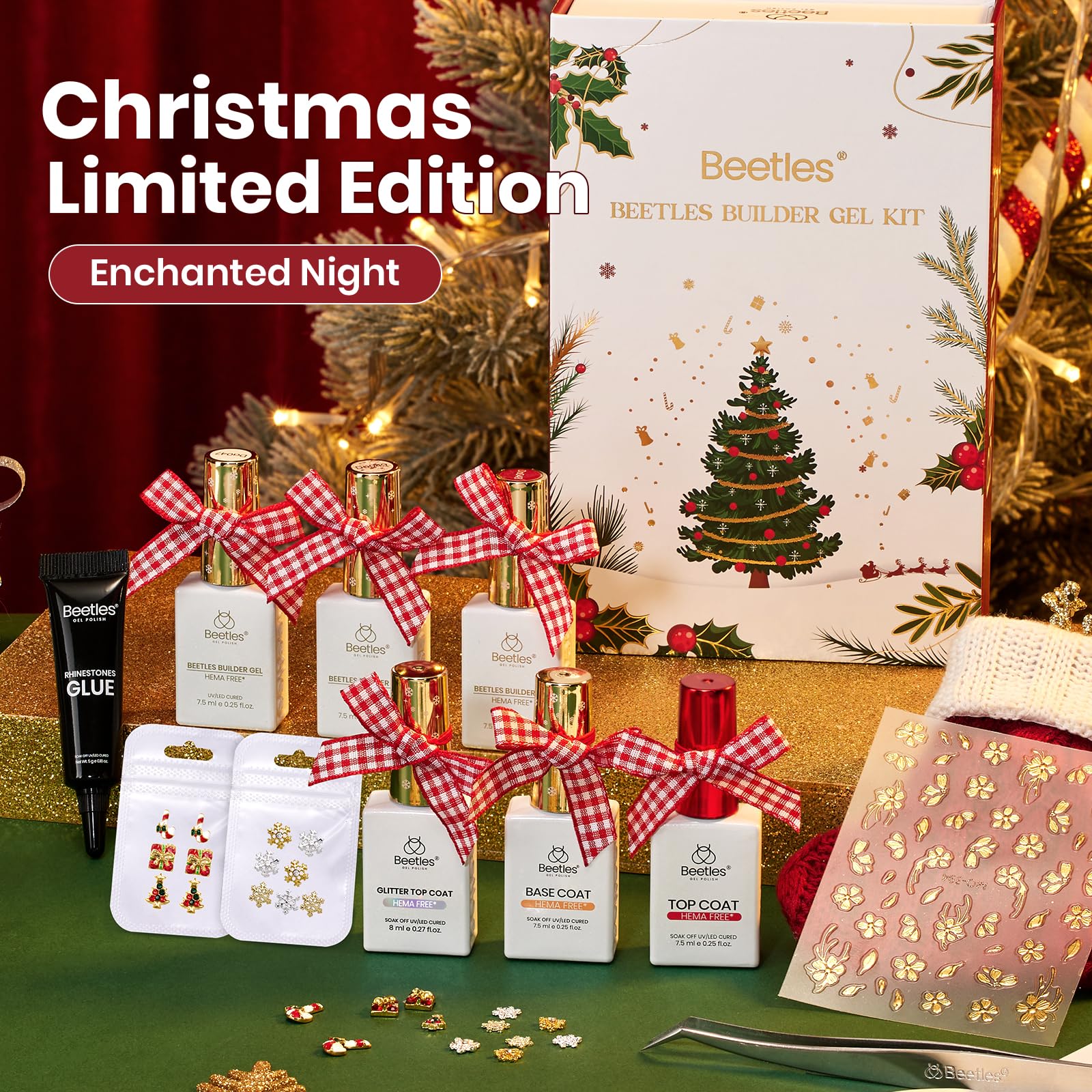 Beetles Christmas Builder Gel Kit HEMA Free-Enchanted Night 8 in 1 Nail Thickening Strengthening Building Apex