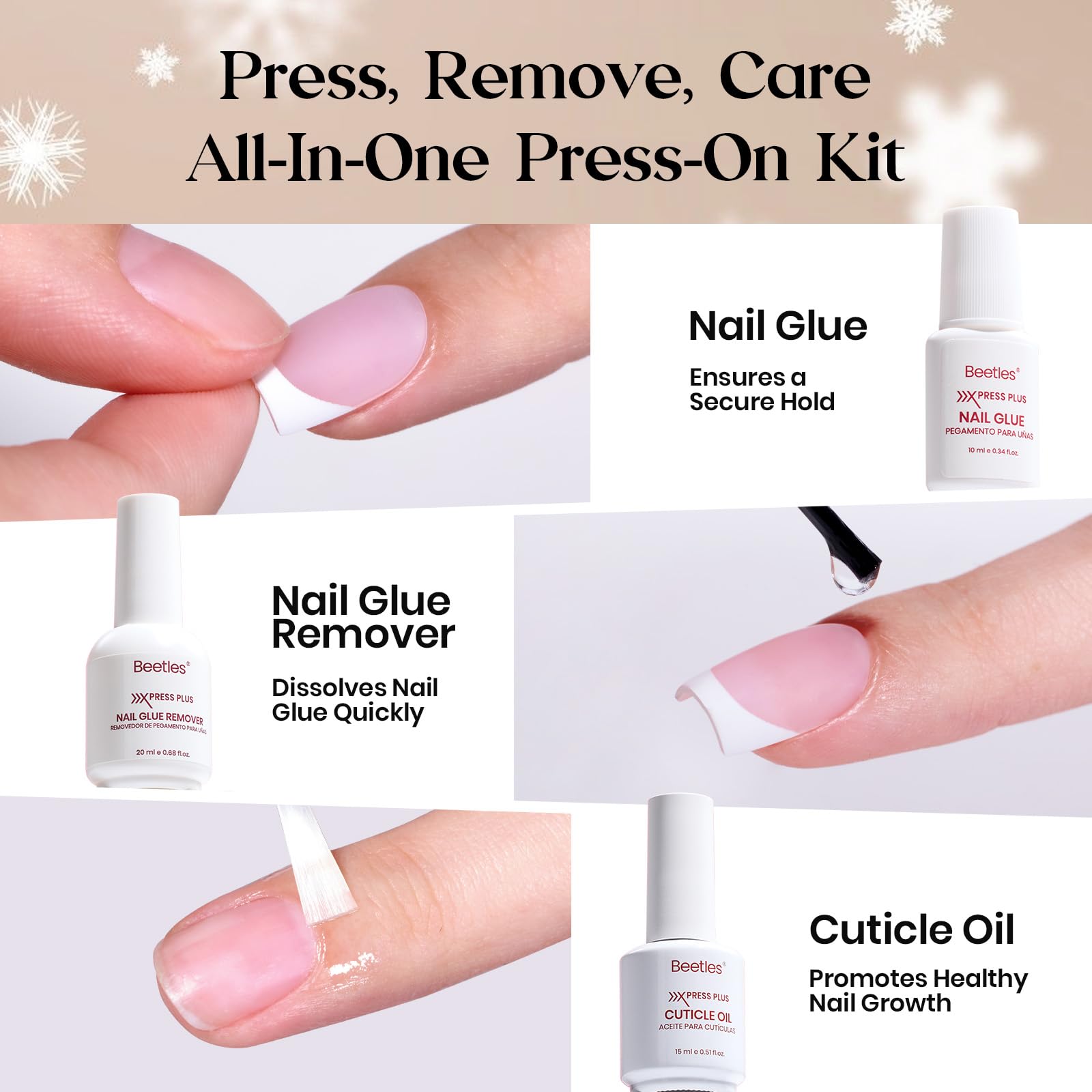 Beetles X Press Plus Gel Nails Kit Rouge French - 160Pcs 16 Sizes All-in-One Kit 5 Colors Christmas Press On Nails Short Almond